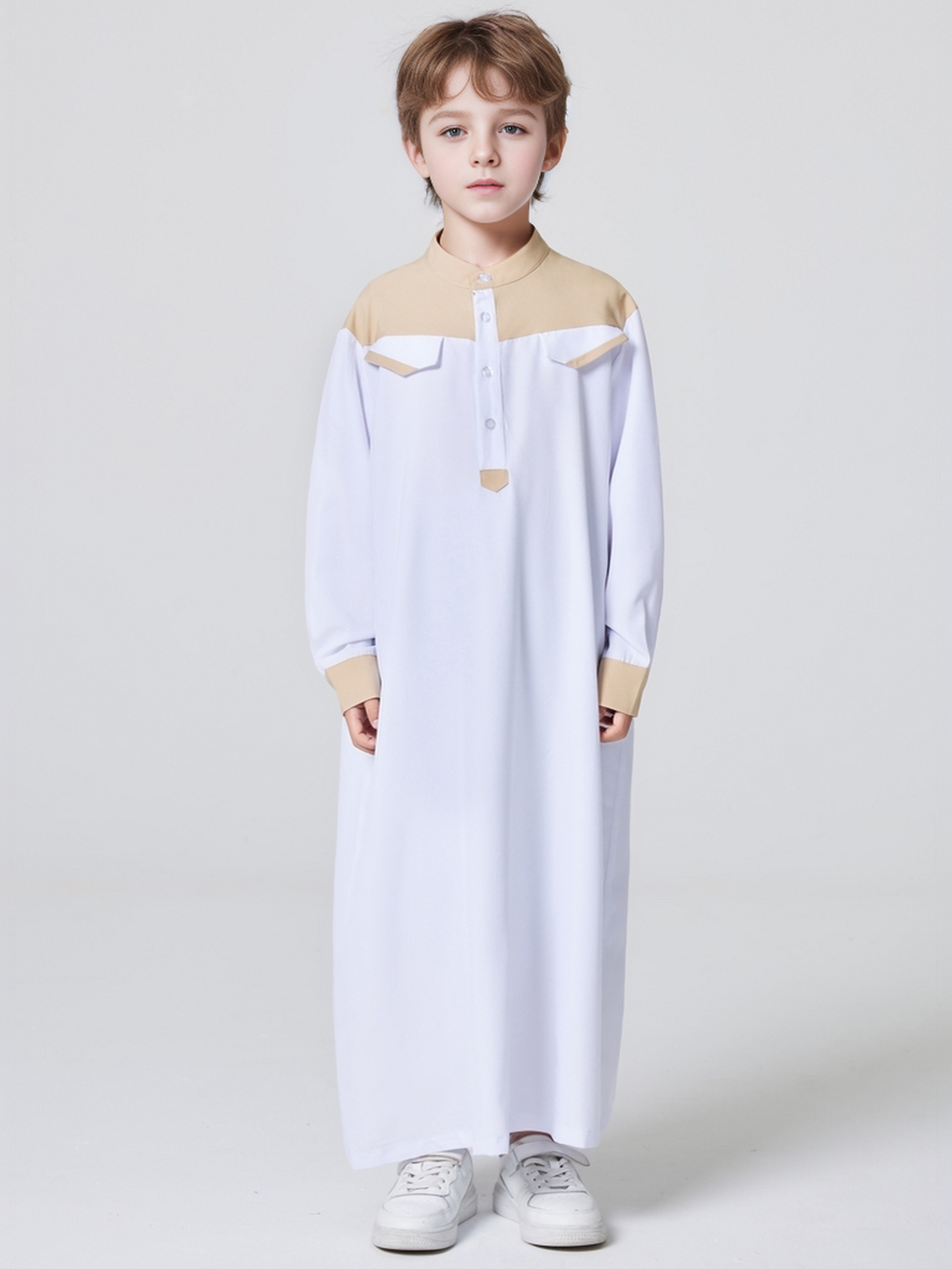 Ramadan Boys Middle East Islam Long Sleeve Arab Dubai Robe, Muslim Casual Ethnic Style Boys Long Sleeve Thobe Abaya Clothing MSL148