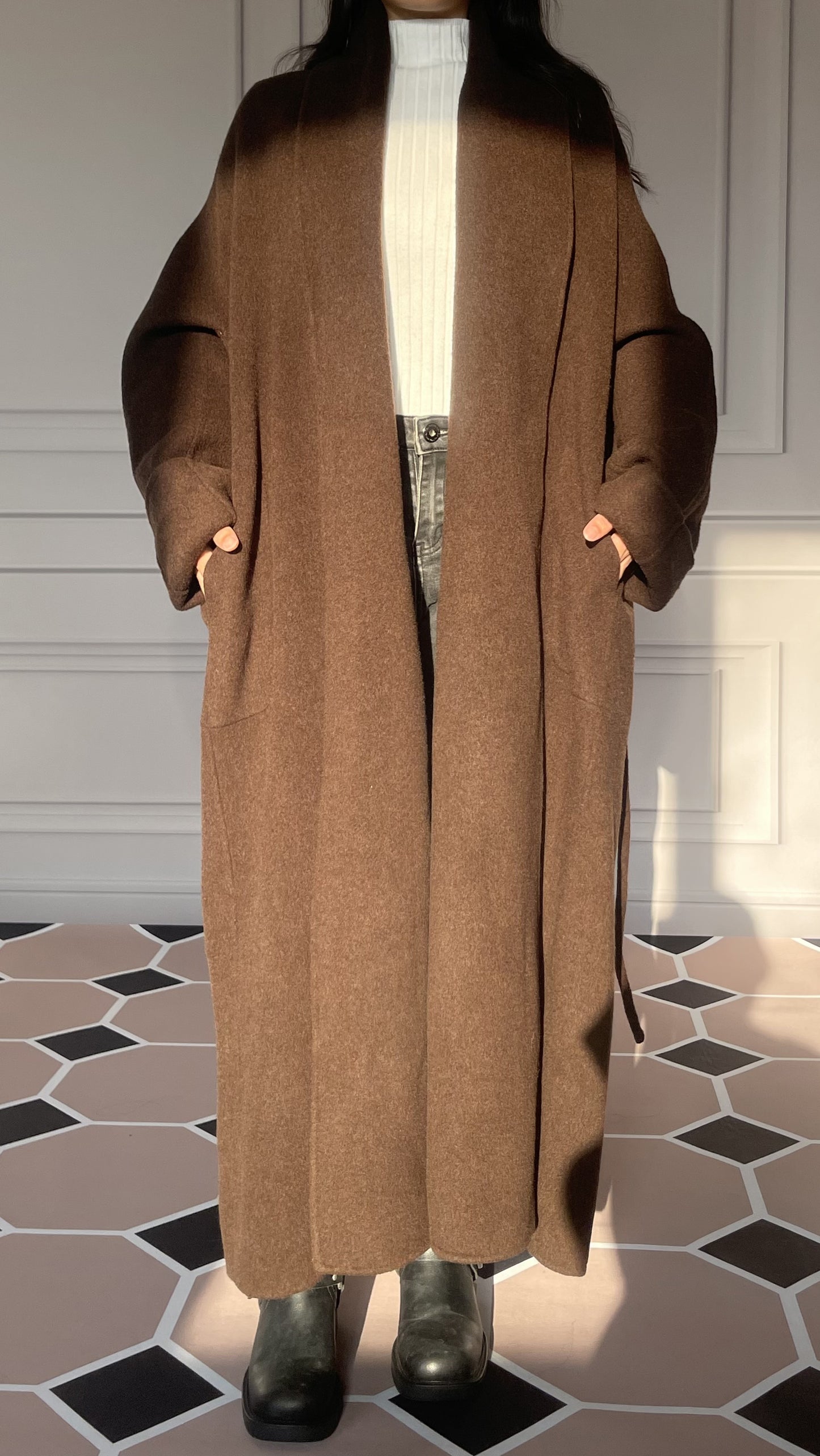 DY5 Women's Long Coat, Lapel Belt, Double-sided Woolen Coat