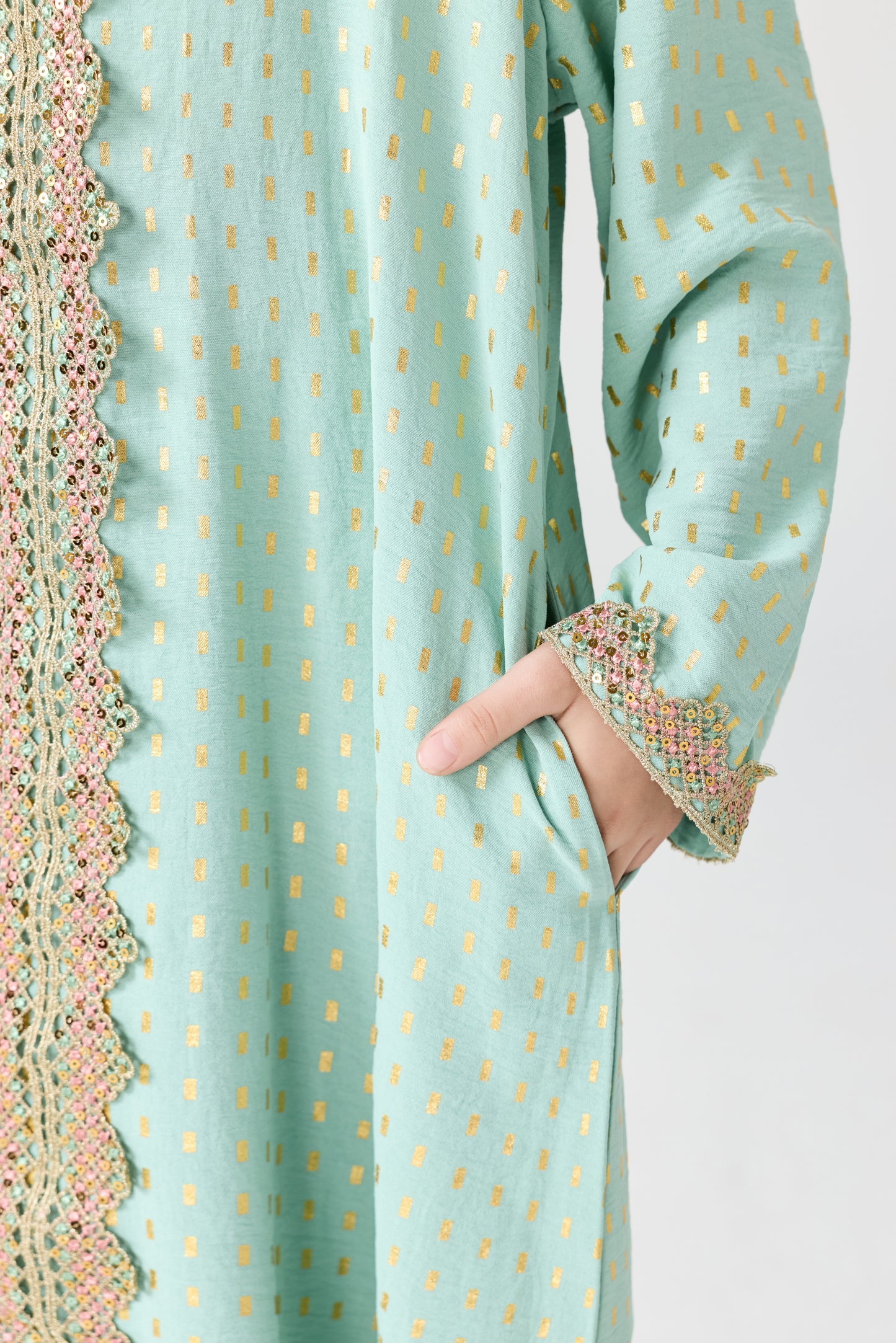 MSL350 Girls Abaya - V-Neck, Gold Foil Print, Solid Color | Hojumbo
