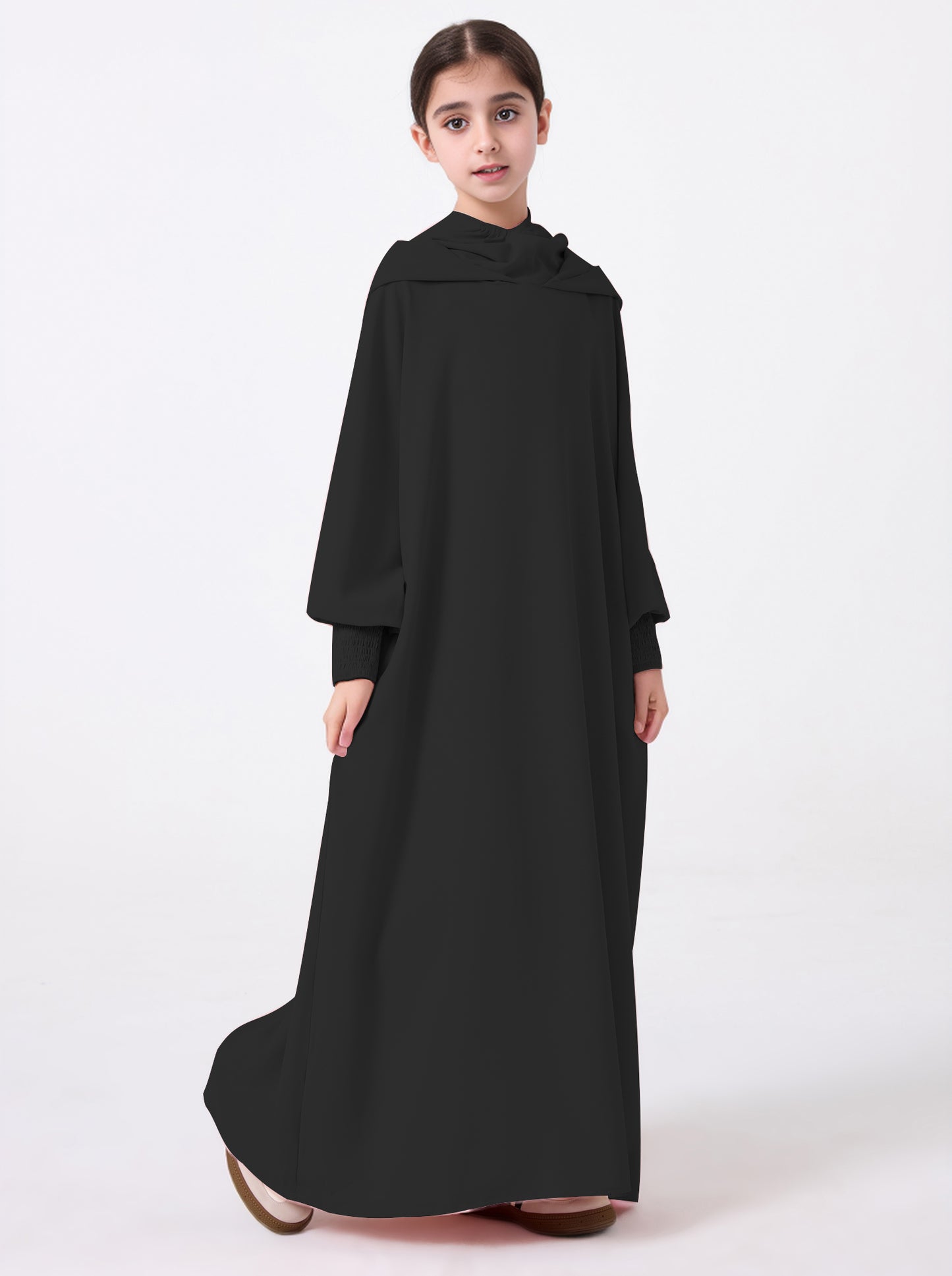 Middle East Muslim Abaya Girl's Hoodie Dress With Solid Color Hooded Cuff Design MSL1508