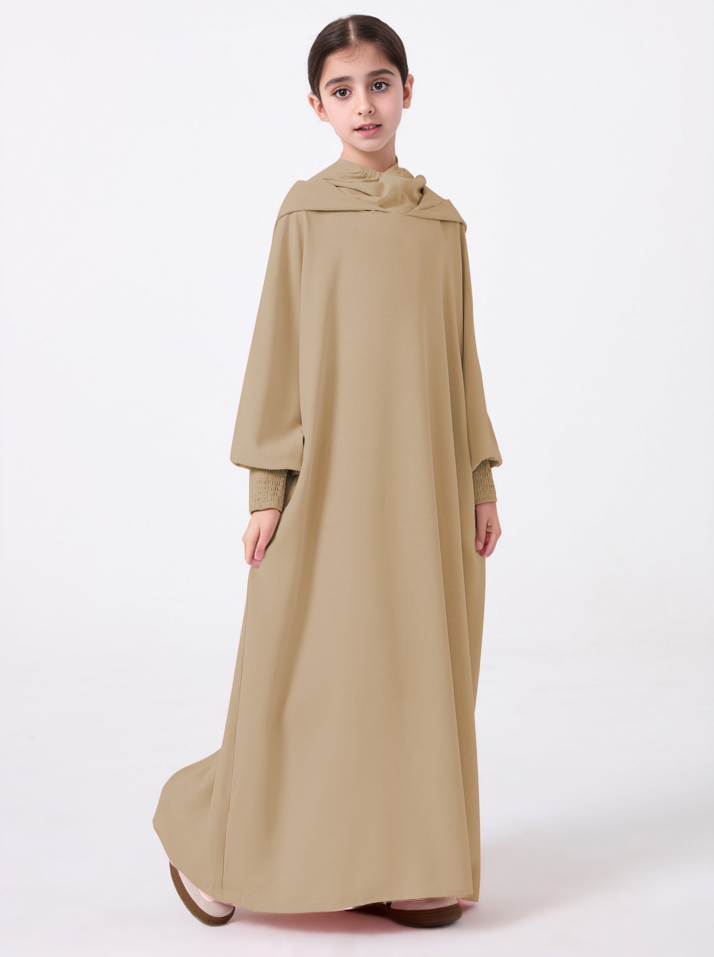 Middle East Muslim Abaya Girl's Hoodie Dress With Solid Color Hooded Cuff Design MSL1508