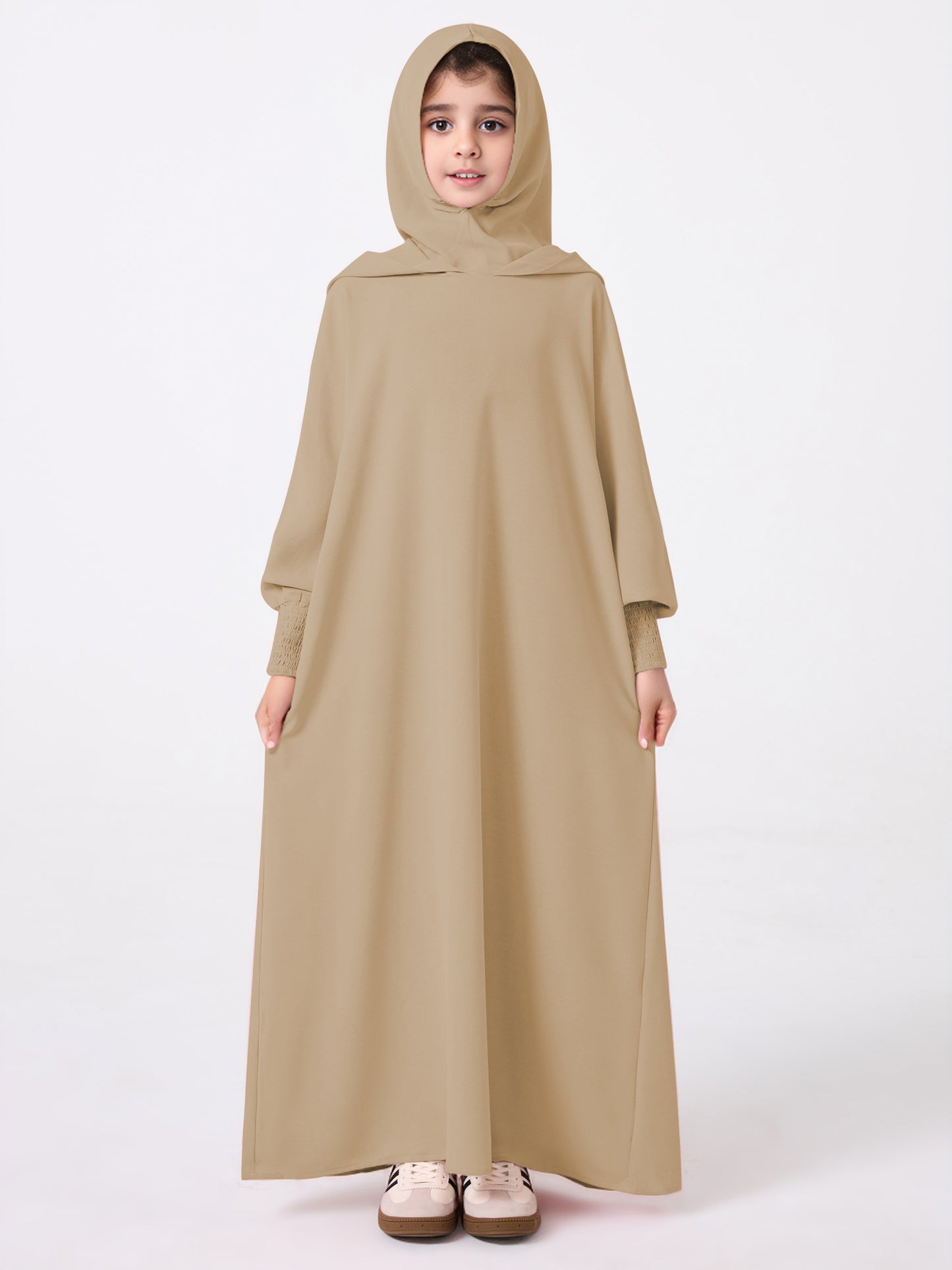 Middle East Muslim Abaya Girl's Hoodie Dress With Solid Color Hooded Cuff Design MSL1508