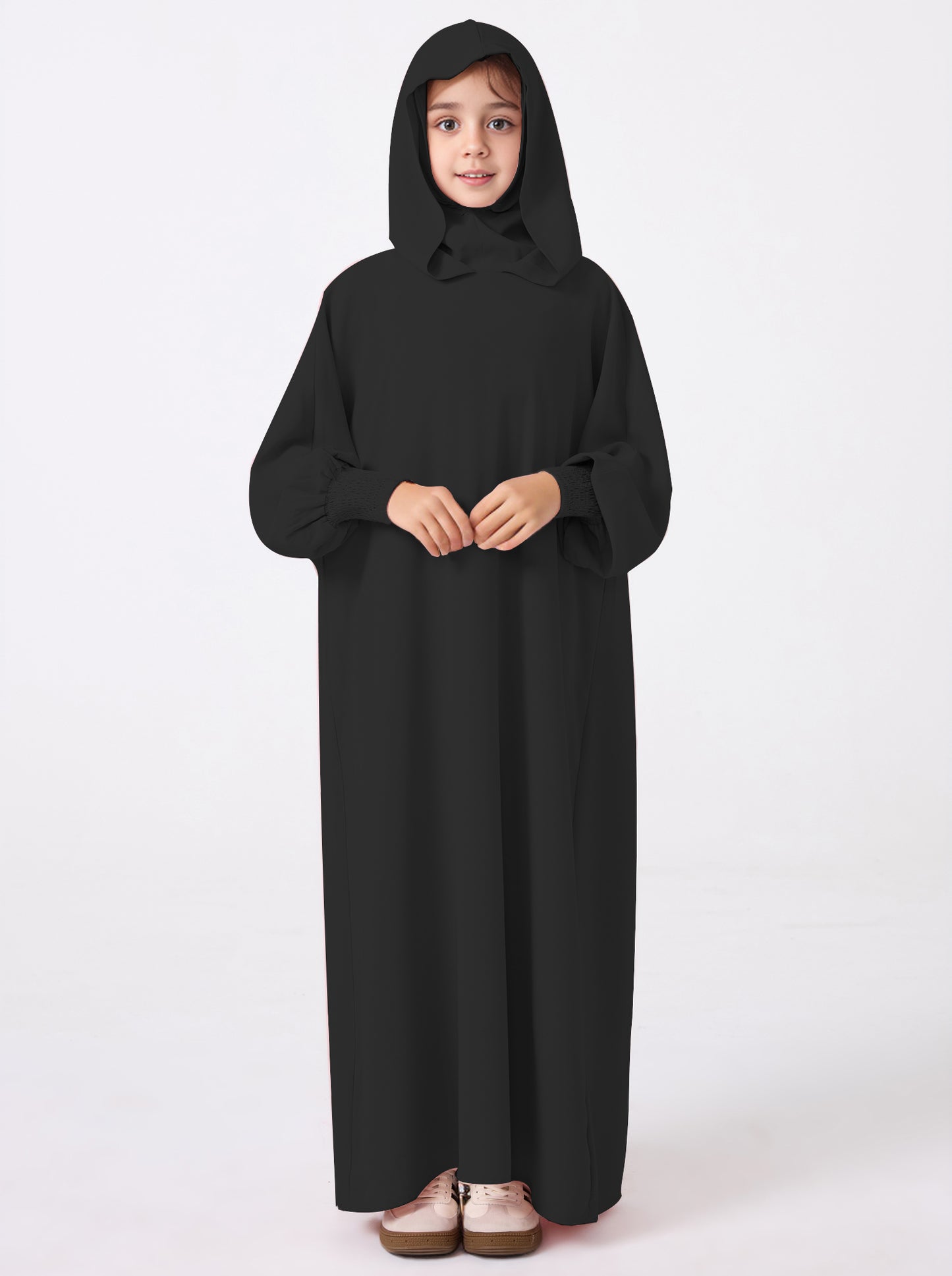 Middle East Muslim Abaya Girl's Hoodie Dress With Solid Color Hooded Cuff Design MSL1508