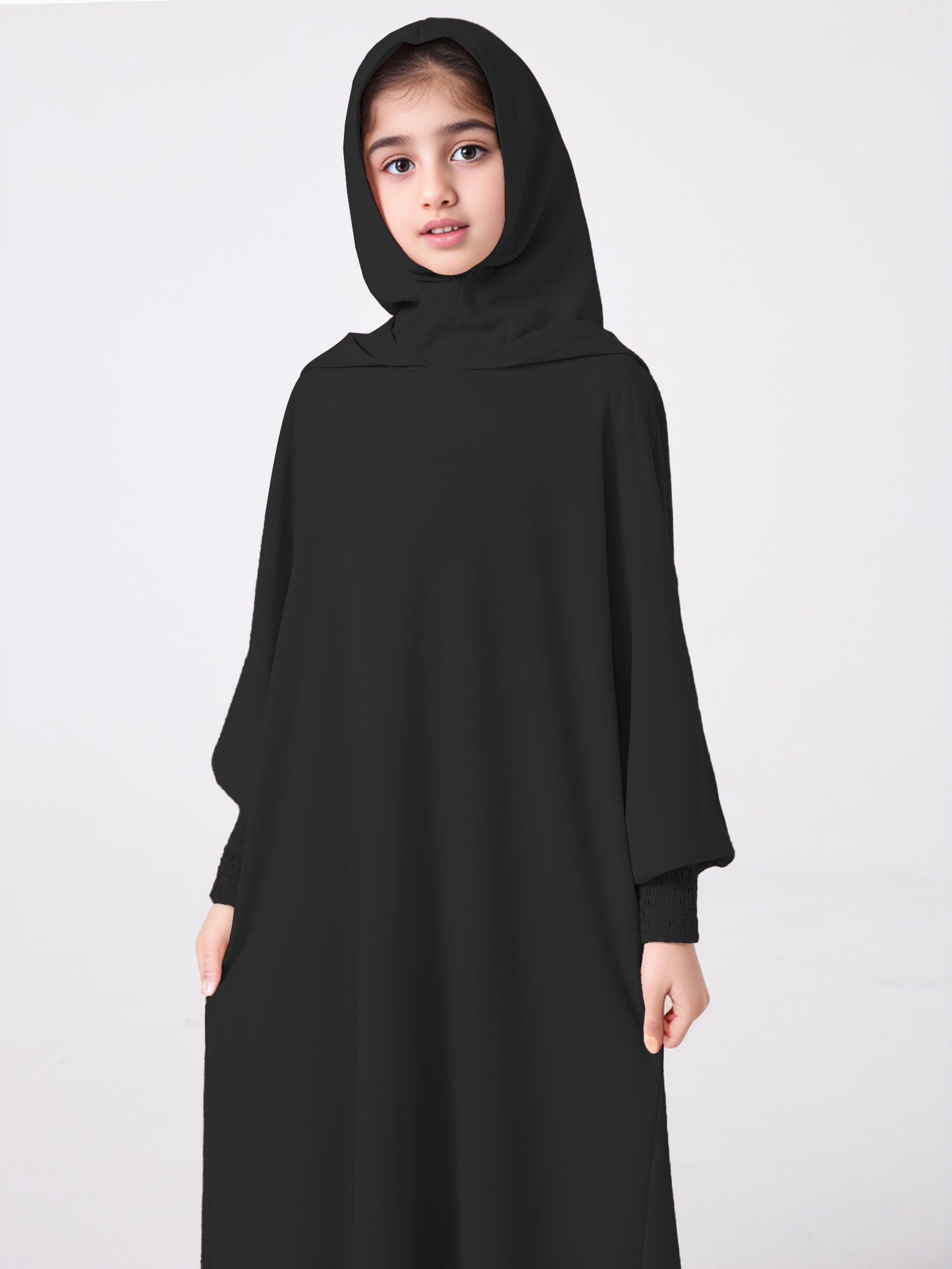 Middle East Muslim Abaya Girl's Hoodie Dress With Solid Color Hooded Cuff Design MSL1508