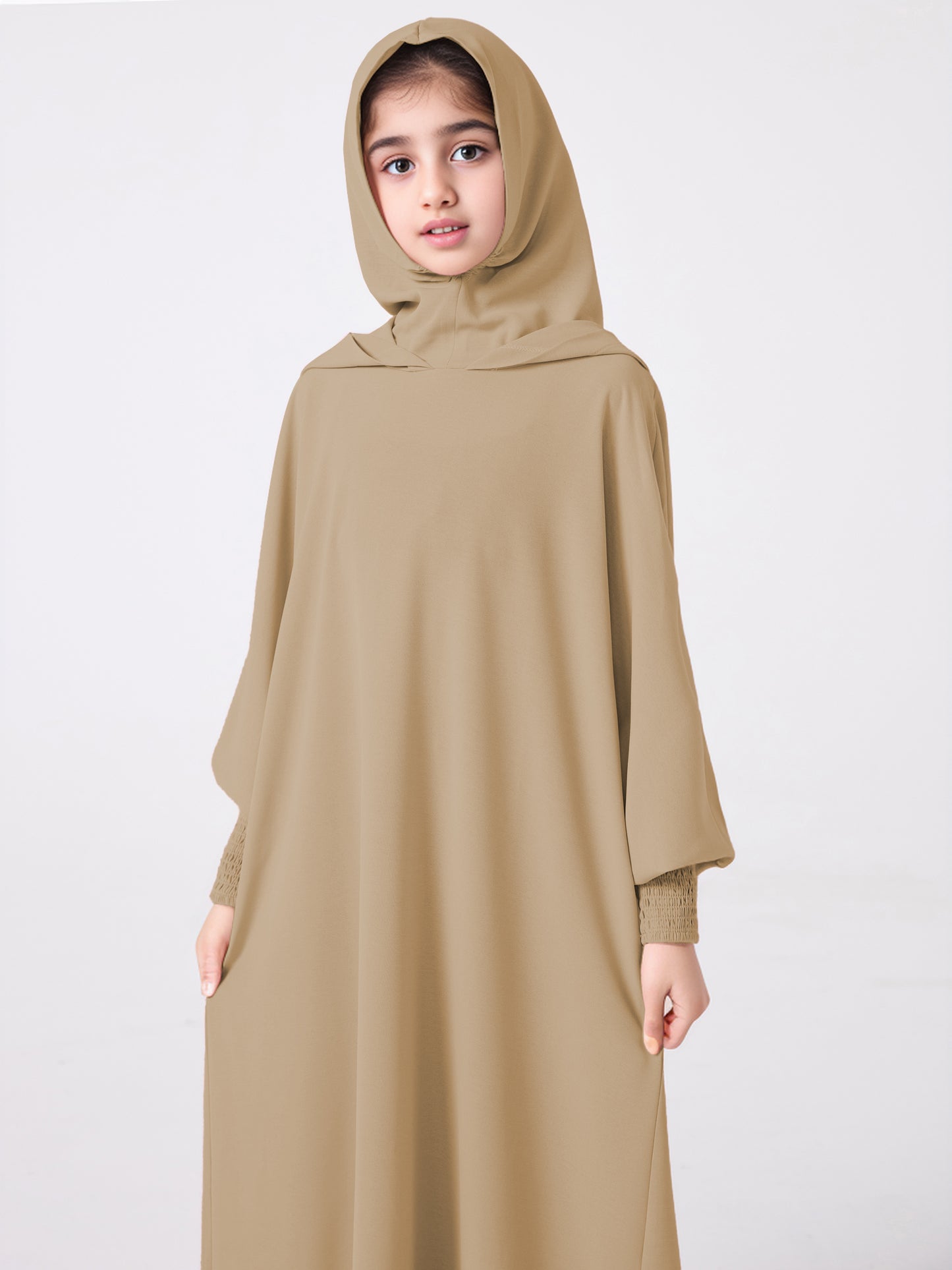 Middle East Muslim Abaya Girl's Hoodie Dress With Solid Color Hooded Cuff Design MSL1508