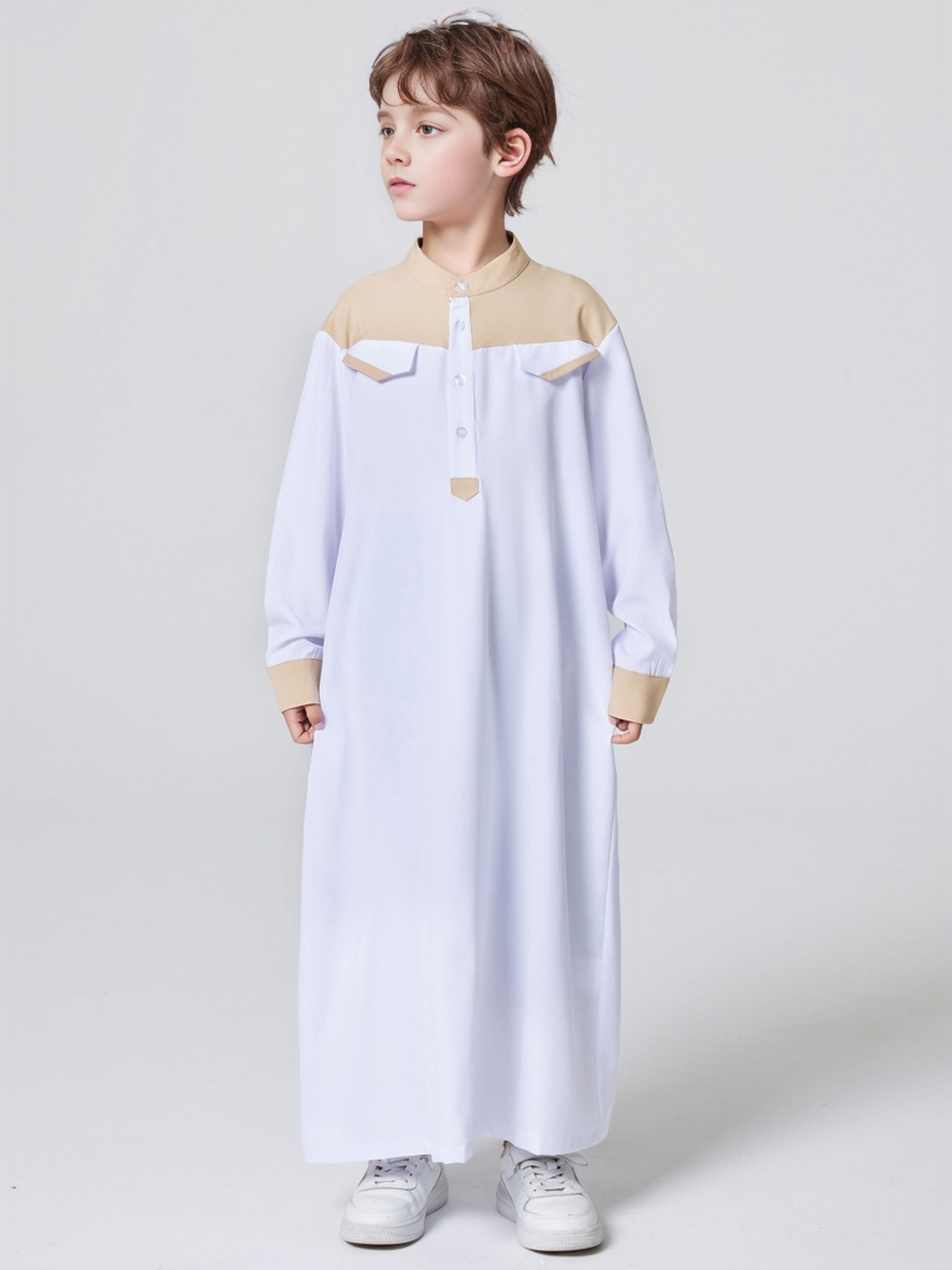 Ramadan Boys Middle East Islam Long Sleeve Arab Dubai Robe, Muslim Casual Ethnic Style Boys Long Sleeve Thobe Abaya Clothing MSL148