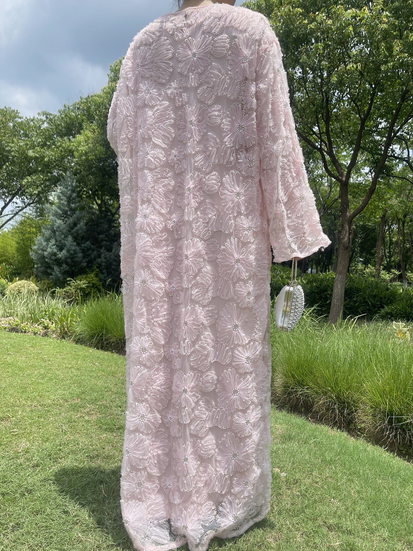 MSL881 Women 2 Pieces Set Open Abaya Mesh Flower Bead Embroidered Coat and Dress(Open Abaya+Inner Dress)