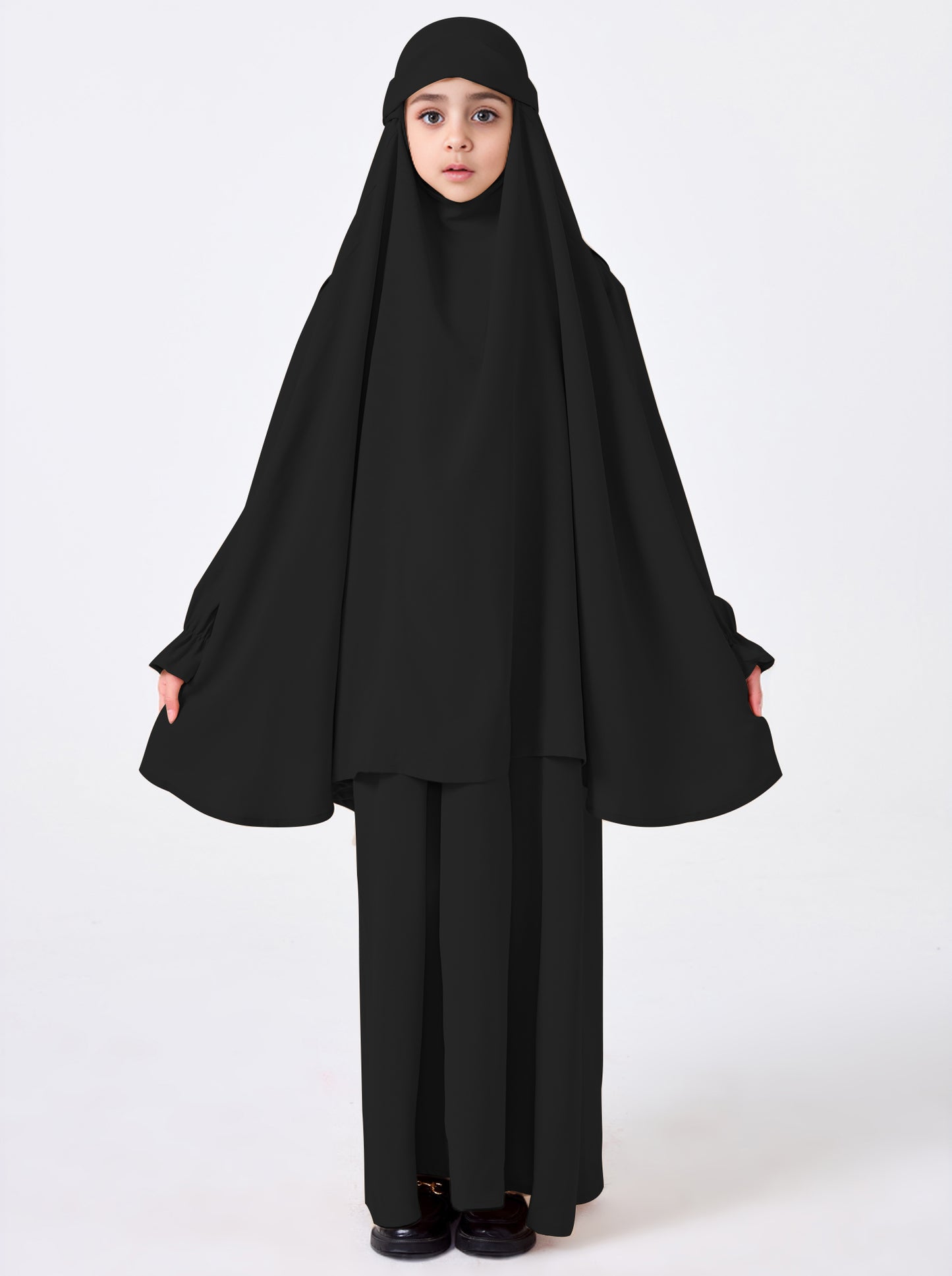 Ramadan Middle Eastern Muslim Girls Solid Color Prayer Dress Shawl Top Coat Dress Abaya Suit MSL0249