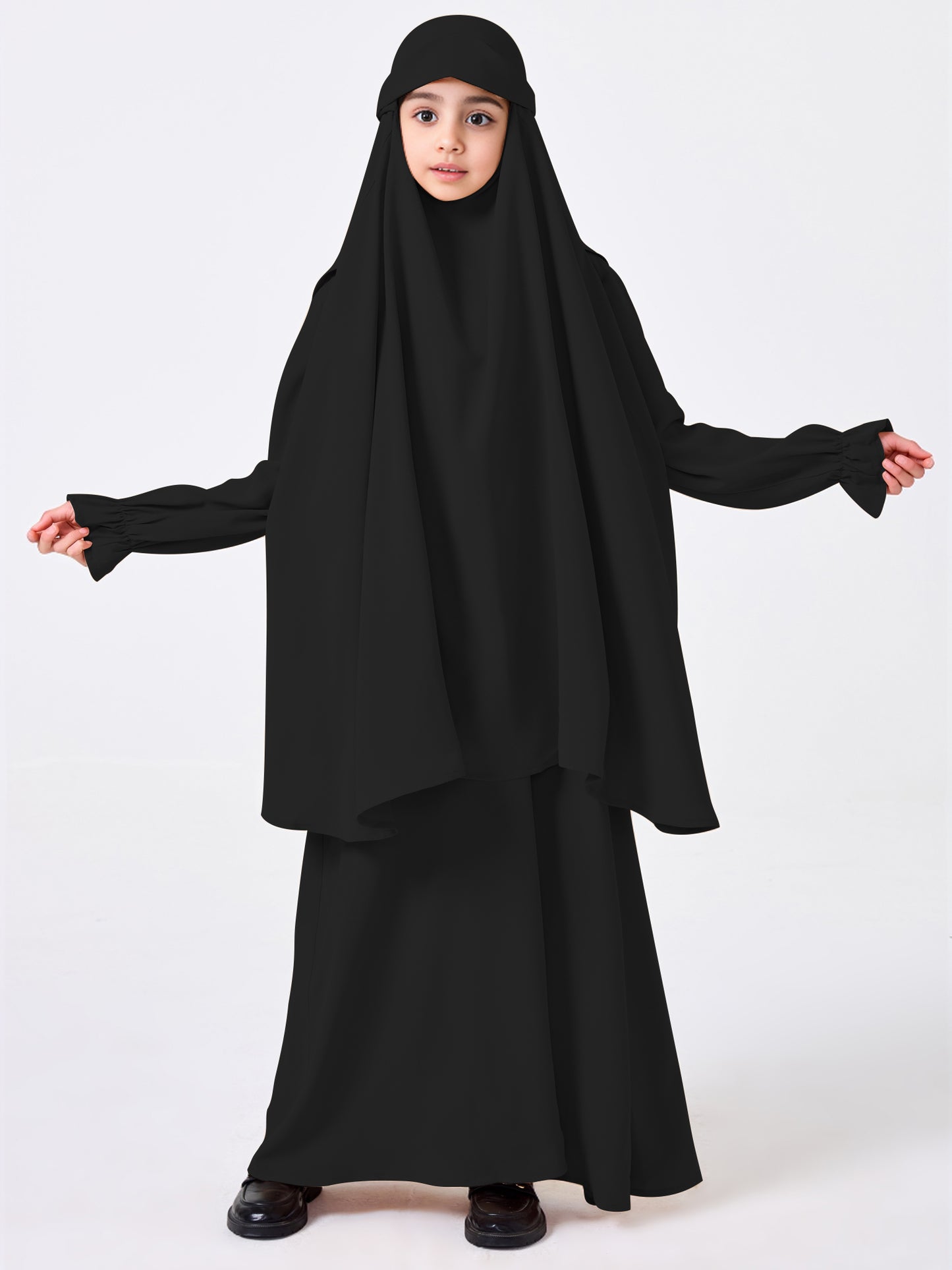 Ramadan Middle Eastern Muslim Girls Solid Color Prayer Dress Shawl Top Coat Dress Abaya Suit MSL0249