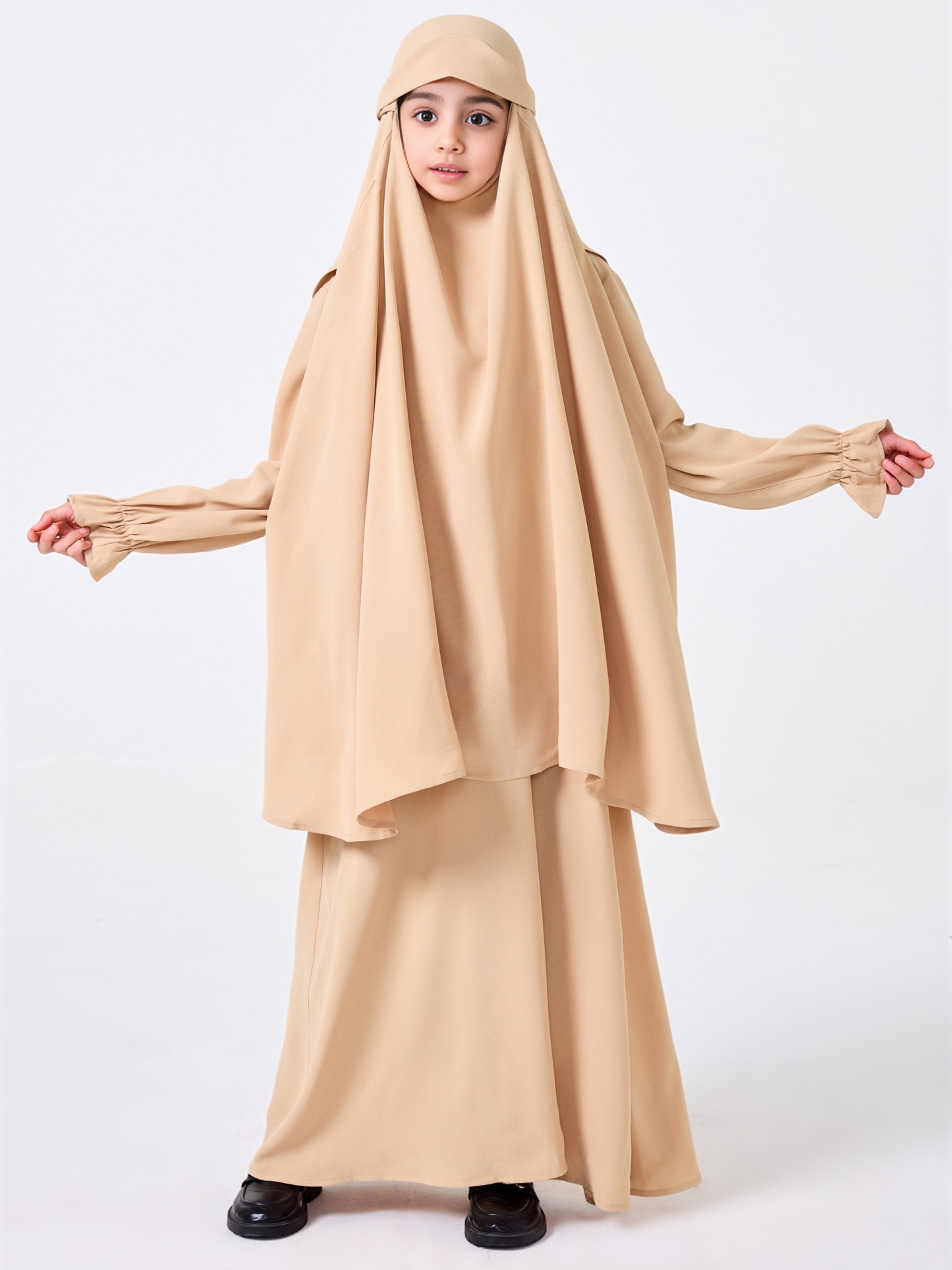 Ramadan Middle Eastern Muslim Girls Solid Color Prayer Dress Shawl Top Coat Dress Abaya Suit MSL0249