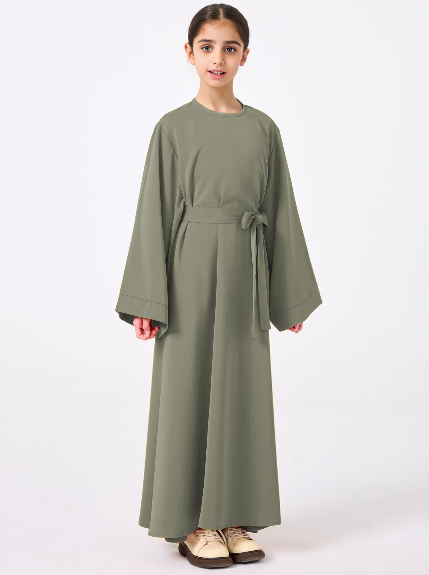 Ramadan Middle Eastern Muslim Girls Solid Color Flared Sleeve Base Abaya with Belt MSL999
