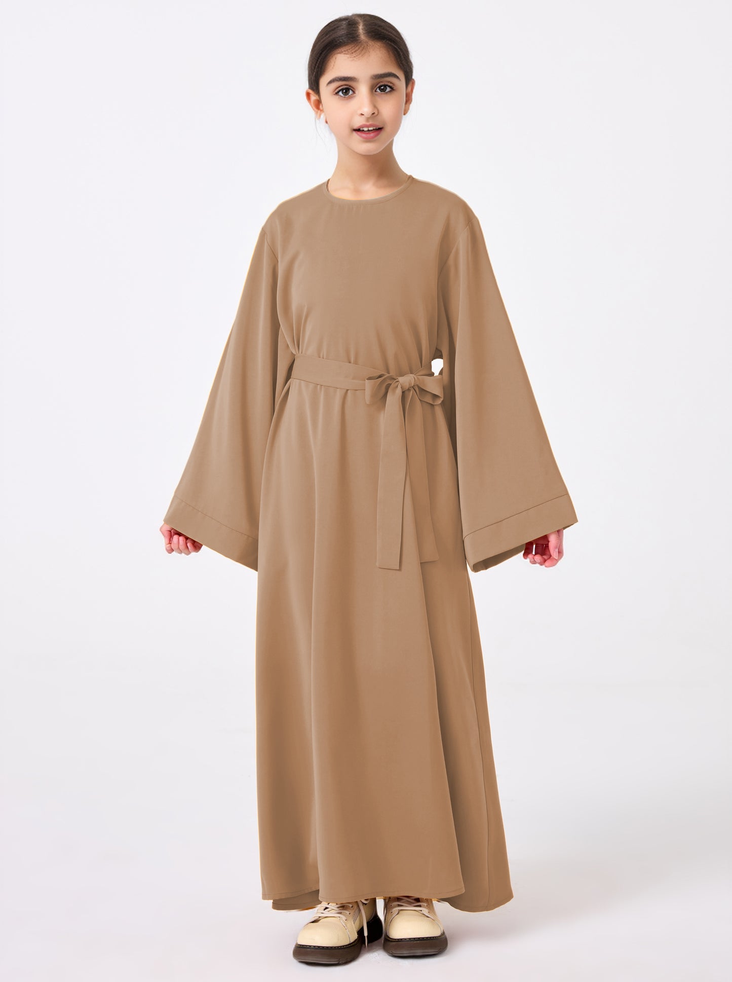 Ramadan Middle Eastern Muslim Girls Solid Color Flared Sleeve Base Abaya with Belt MSL999