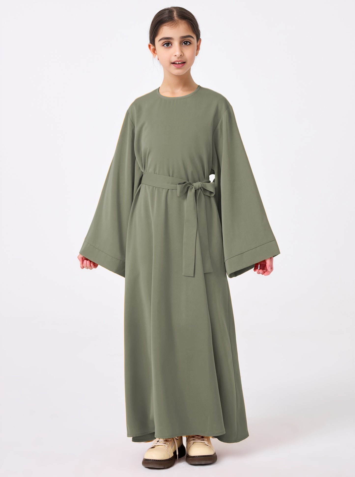 Ramadan Middle Eastern Muslim Girls Solid Color Flared Sleeve Base Abaya with Belt MSL999