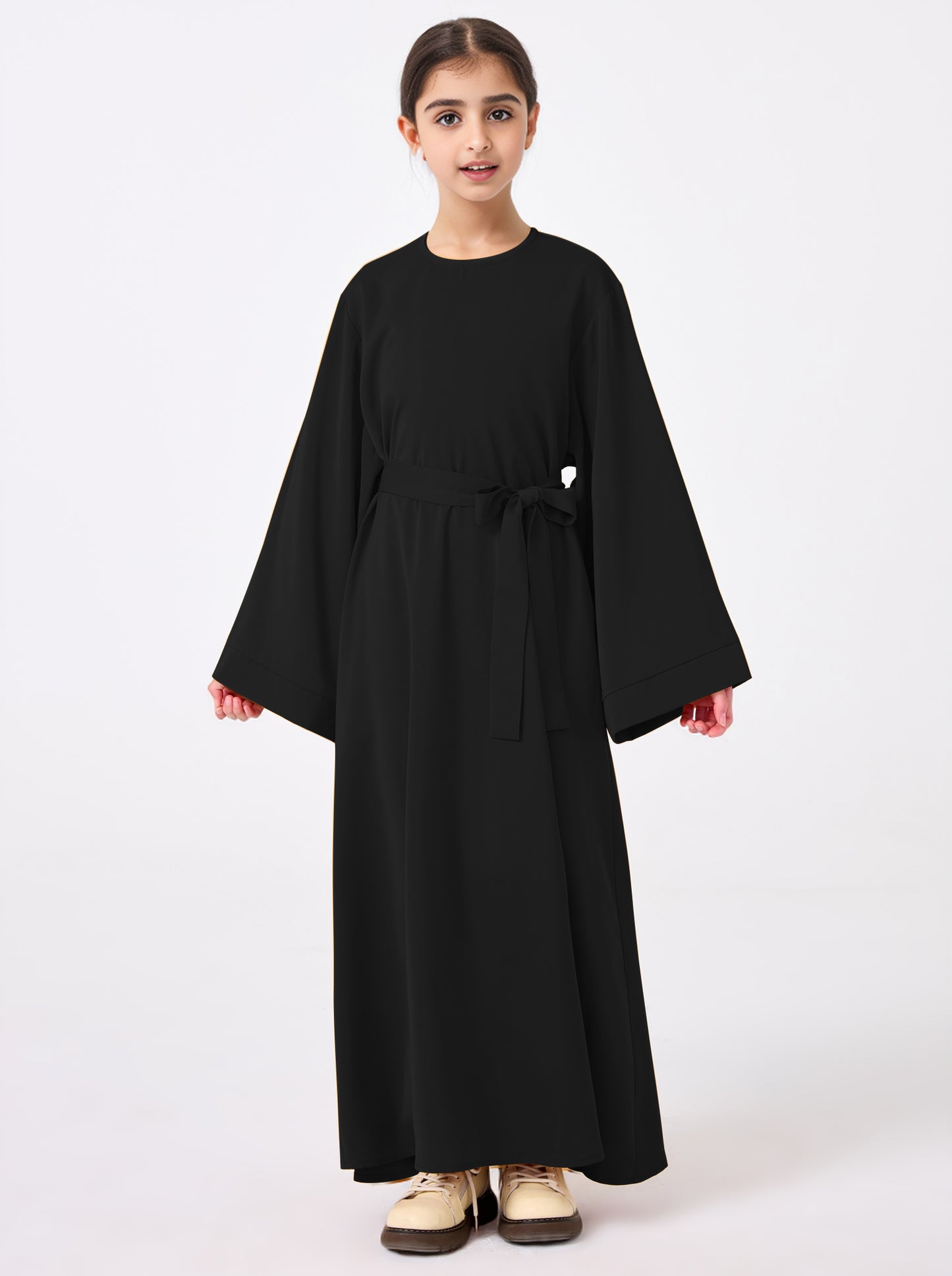 Ramadan Middle Eastern Muslim Girls Solid Color Flared Sleeve Base Abaya with Belt MSL999