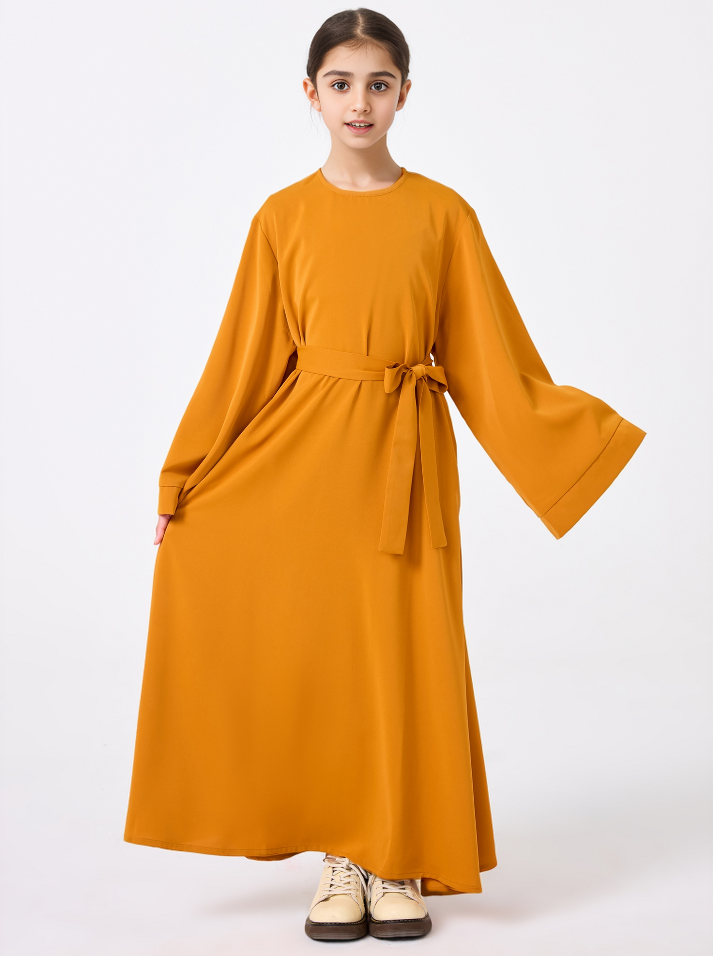 Ramadan Middle Eastern Muslim Girls Solid Color Flared Sleeve Base Abaya with Belt MSL999