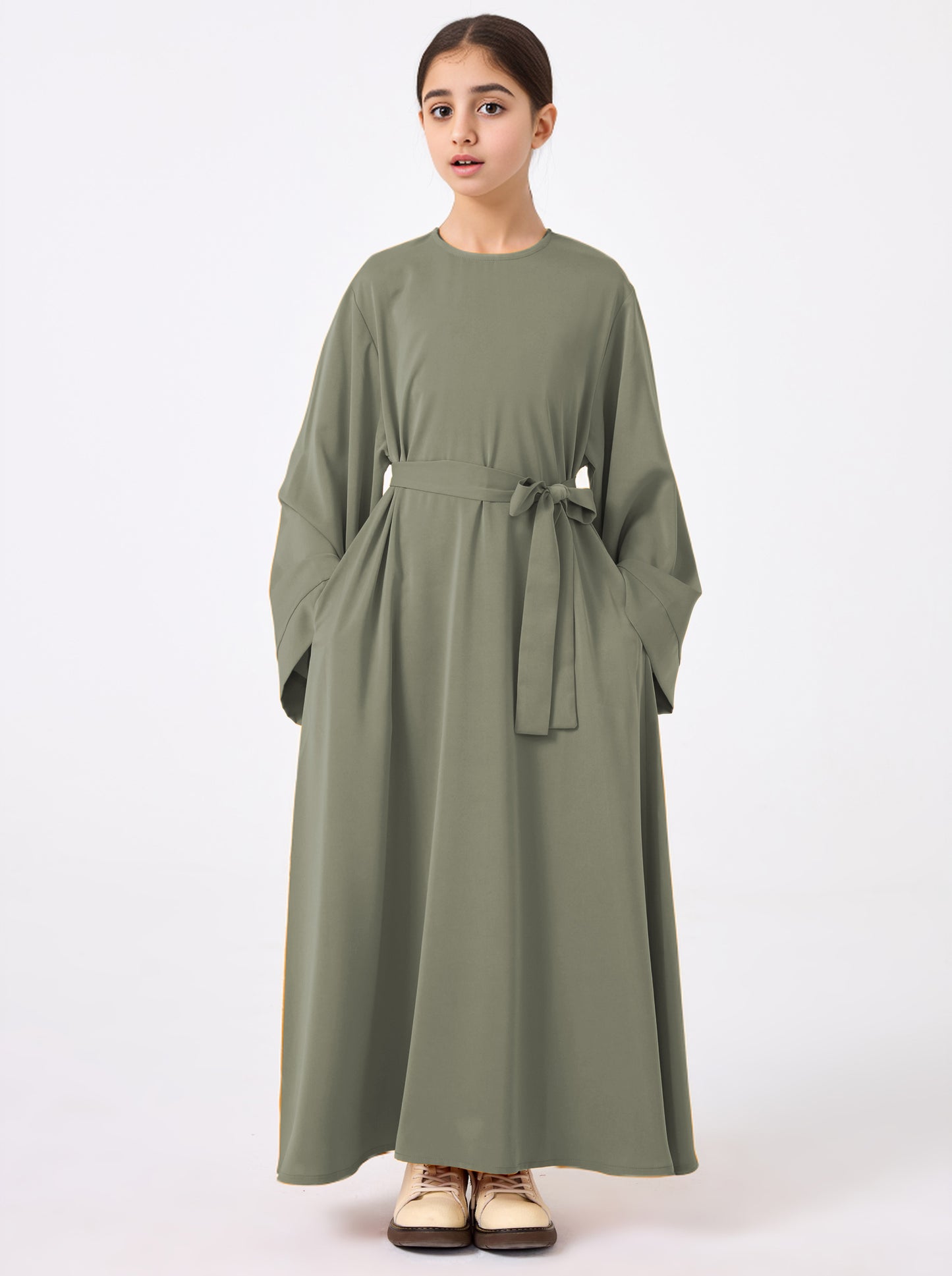 Ramadan Middle Eastern Muslim Girls Solid Color Flared Sleeve Base Abaya with Belt MSL999