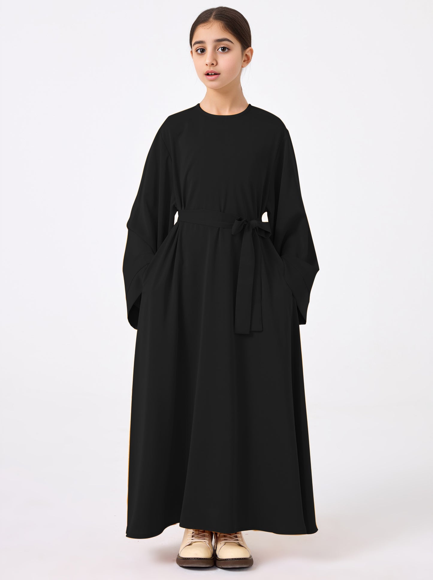 Ramadan Middle Eastern Muslim Girls Solid Color Flared Sleeve Base Abaya with Belt MSL999