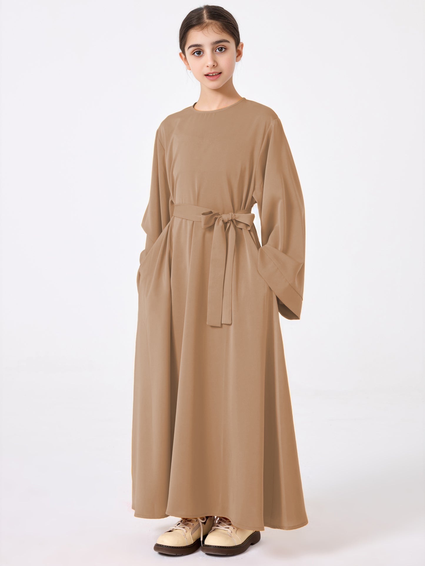 Ramadan Middle Eastern Muslim Girls Solid Color Flared Sleeve Base Abaya with Belt MSL999