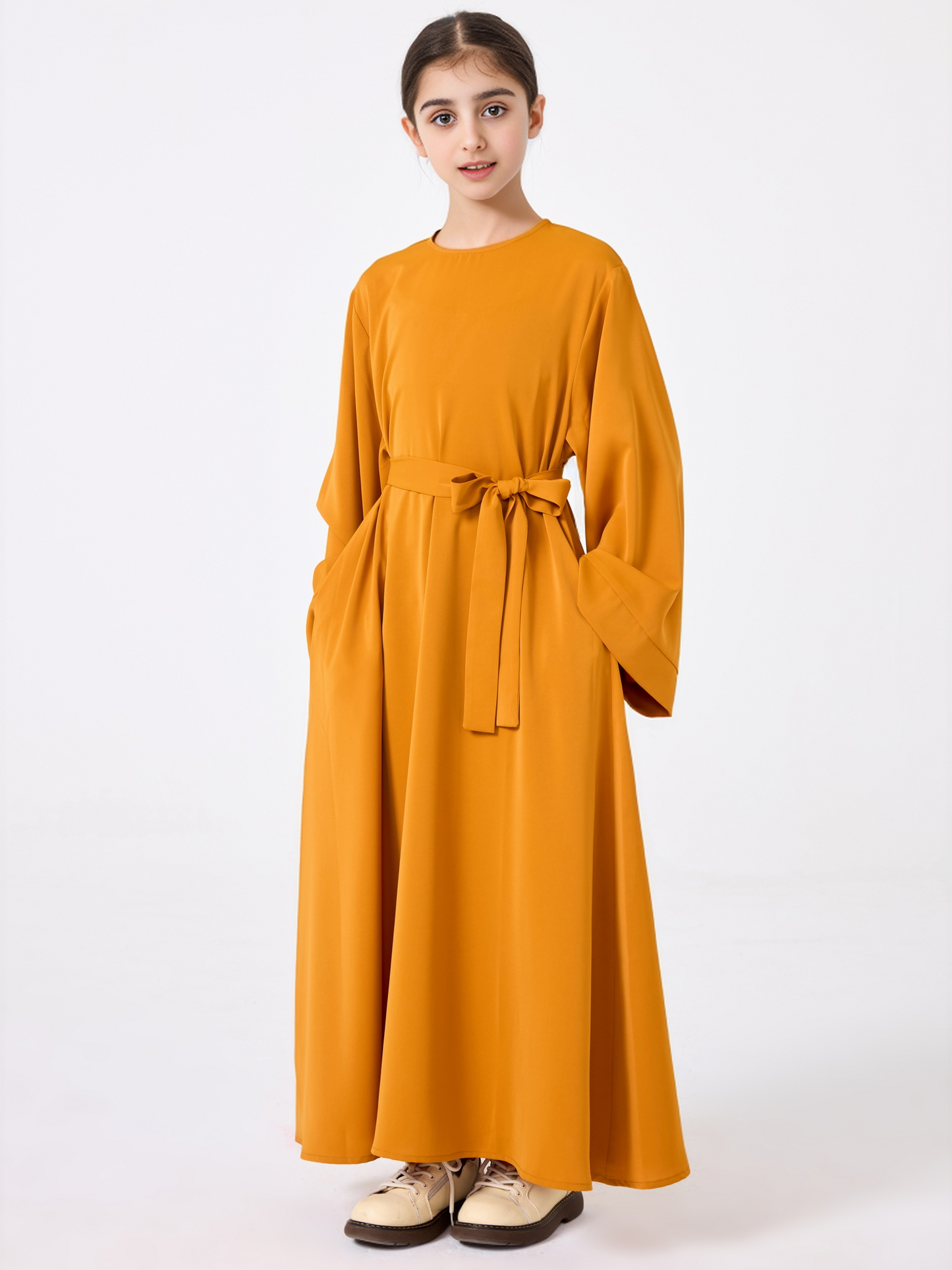 Ramadan Middle Eastern Muslim Girls Solid Color Flared Sleeve Base Abaya with Belt MSL999