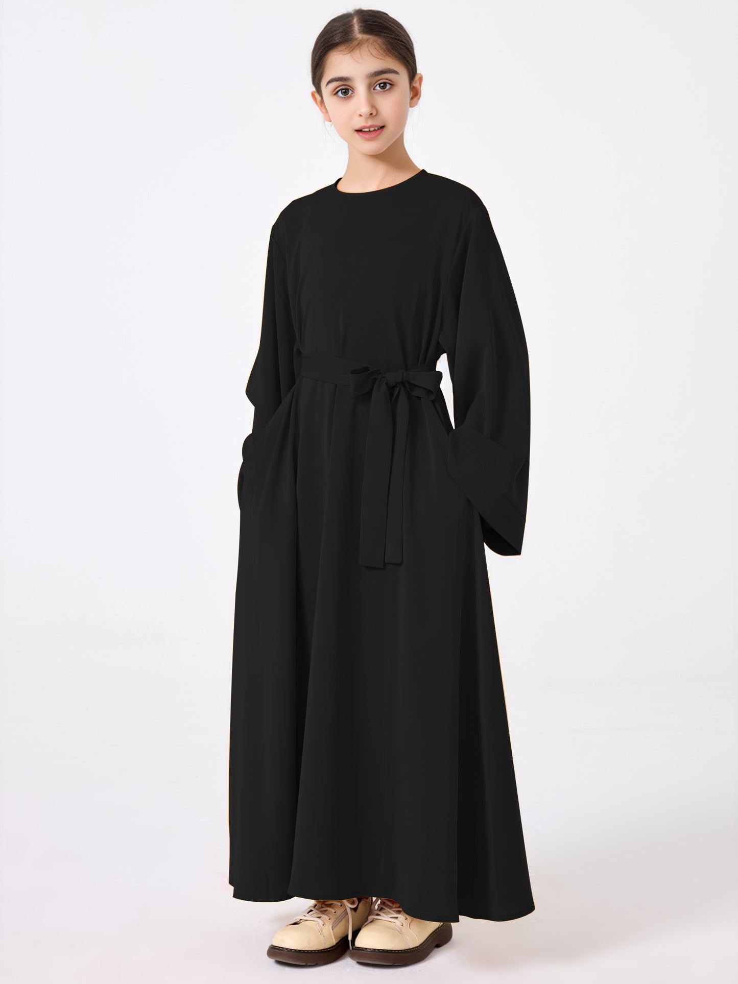 Ramadan Middle Eastern Muslim Girls Solid Color Flared Sleeve Base Abaya with Belt MSL999