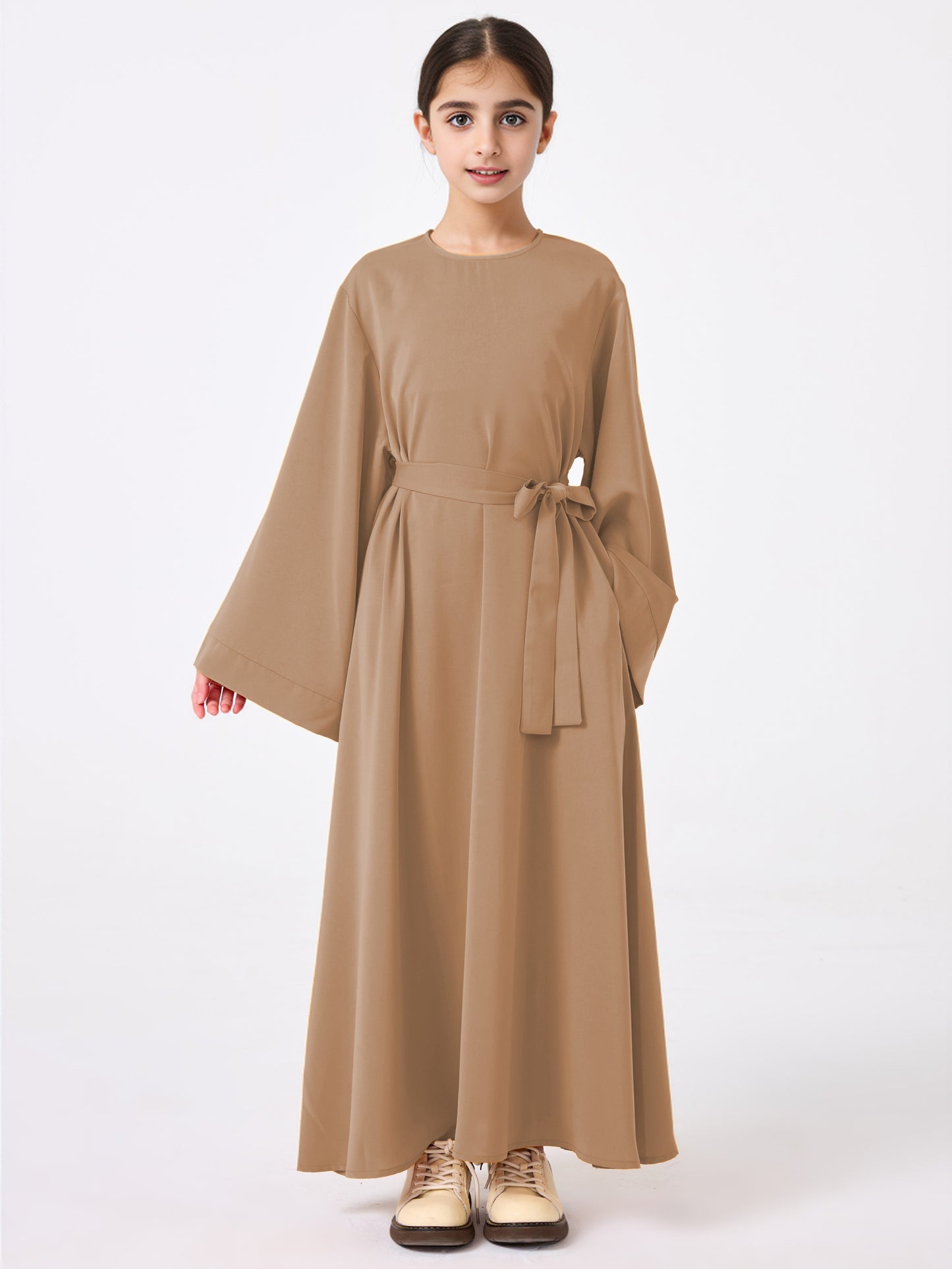 Ramadan Middle Eastern Muslim Girls Solid Color Flared Sleeve Base Abaya with Belt MSL999
