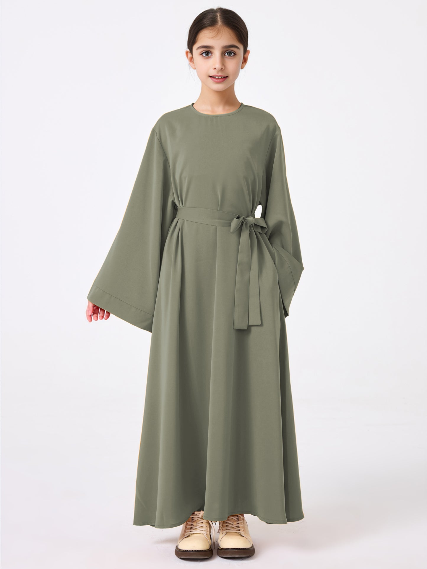 Ramadan Middle Eastern Muslim Girls Solid Color Flared Sleeve Base Abaya with Belt MSL999
