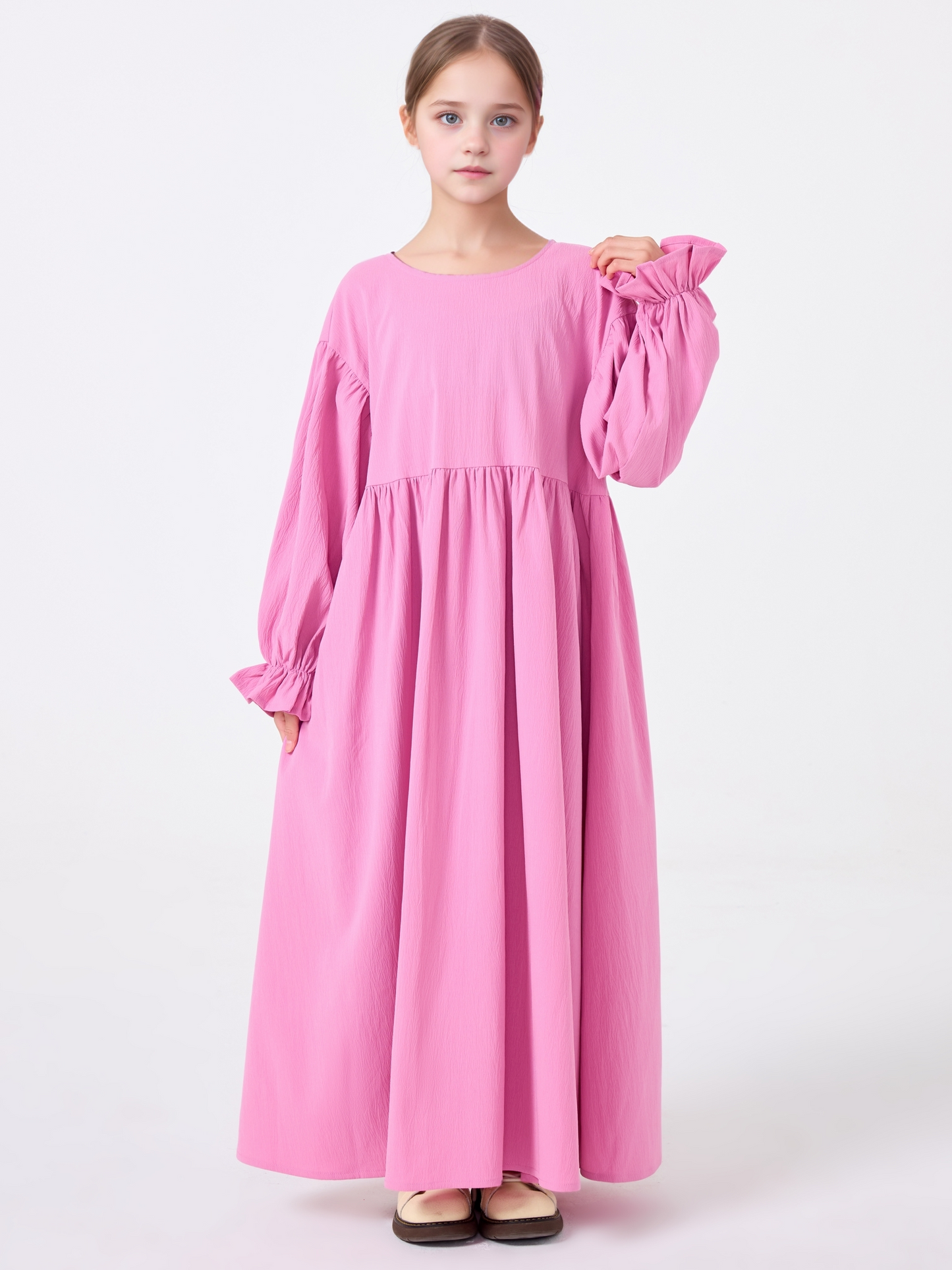 Middle Eastern Muslim Girls Solid Color Round Neck Flared Sleeve Dress Abaya Robe MSL8250