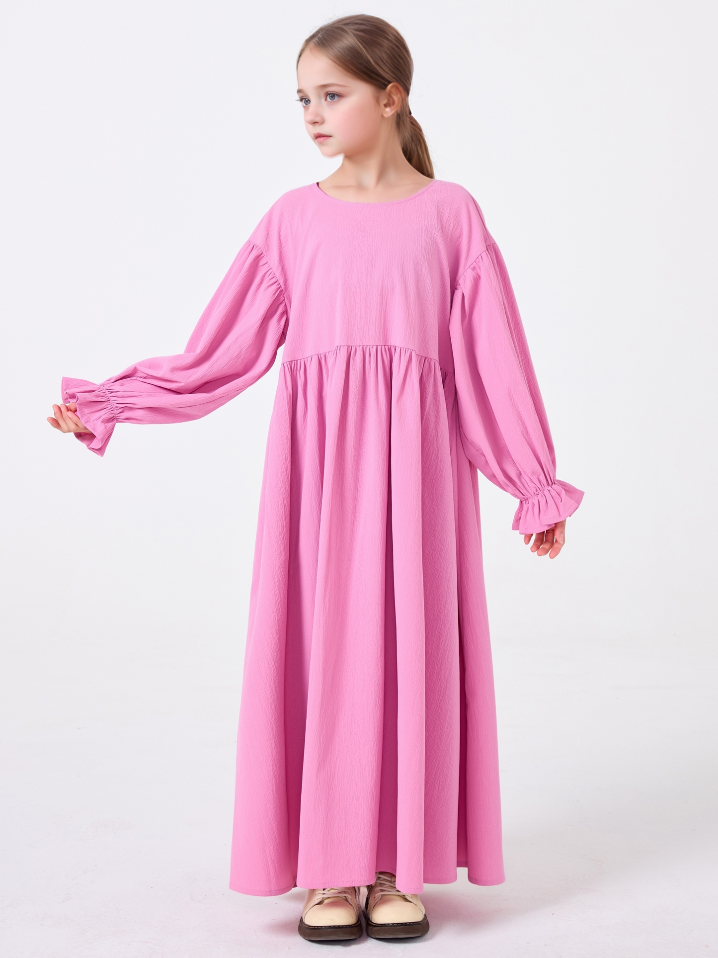 Middle Eastern Muslim Girls Solid Color Round Neck Flared Sleeve Dress Abaya Robe MSL8250