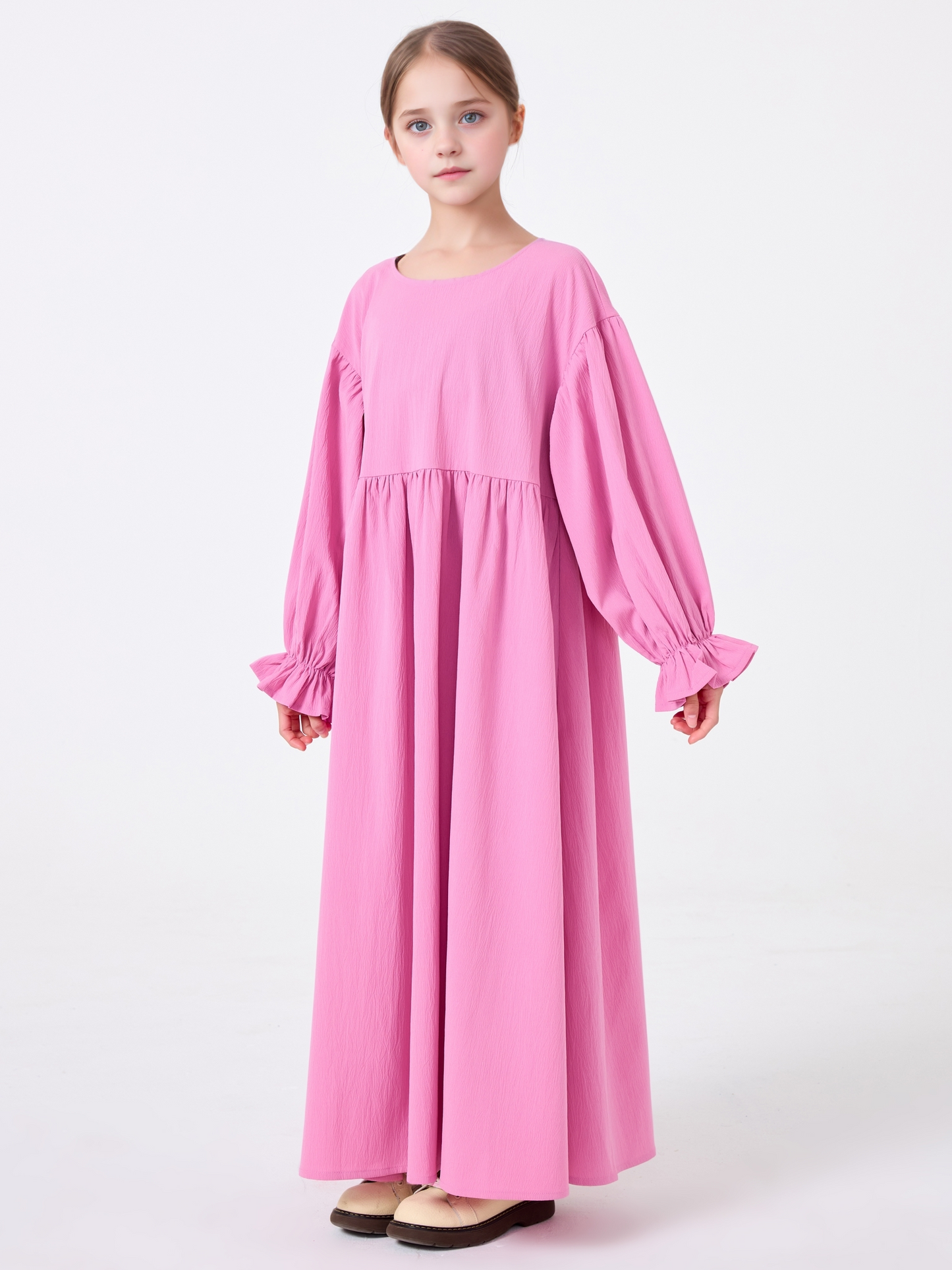 Middle Eastern Muslim Girls Solid Color Round Neck Flared Sleeve Dress Abaya Robe MSL8250