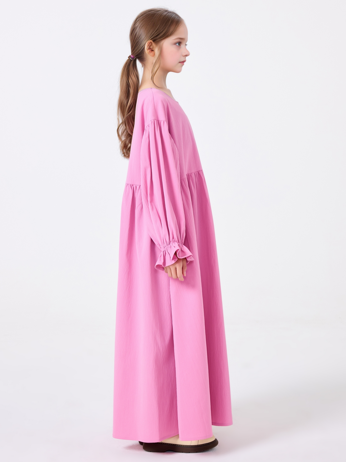 Middle Eastern Muslim Girls Solid Color Round Neck Flared Sleeve Dress Abaya Robe MSL8250