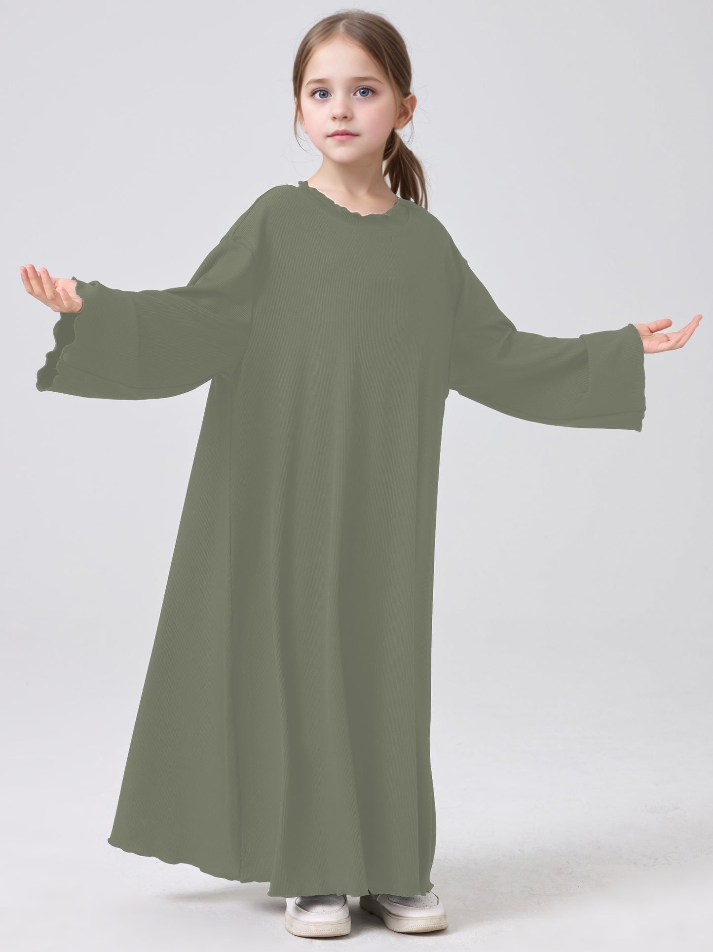 MSL1023 Girls' Abaya Dress Wavy Hem Long Sleeve Solid Color | Girls' Dress, Kids Robe | Hojumbo