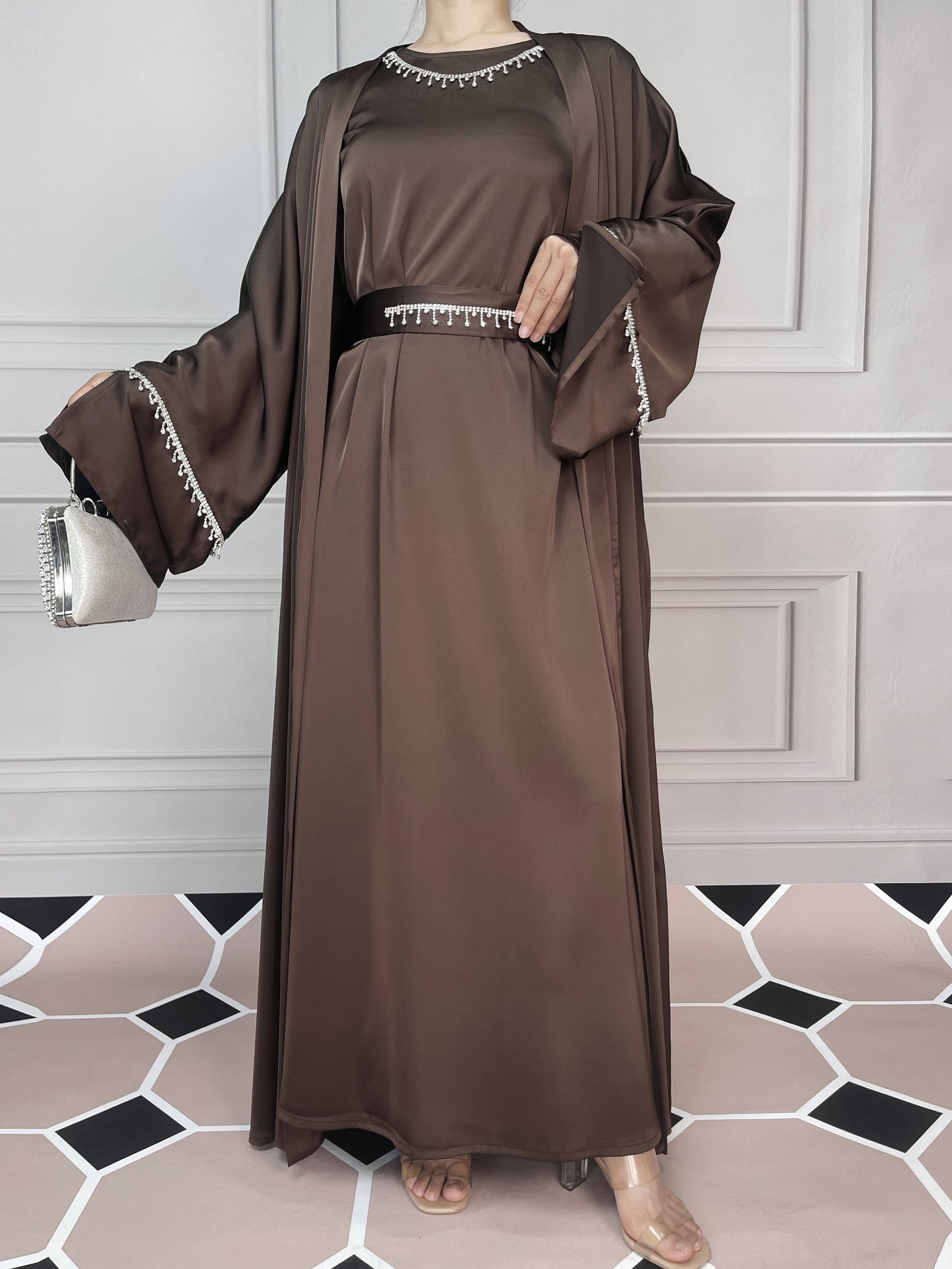MSL041 Luxury Satin Abaya With Diamond Tassels Belt, 6-Piece Set
