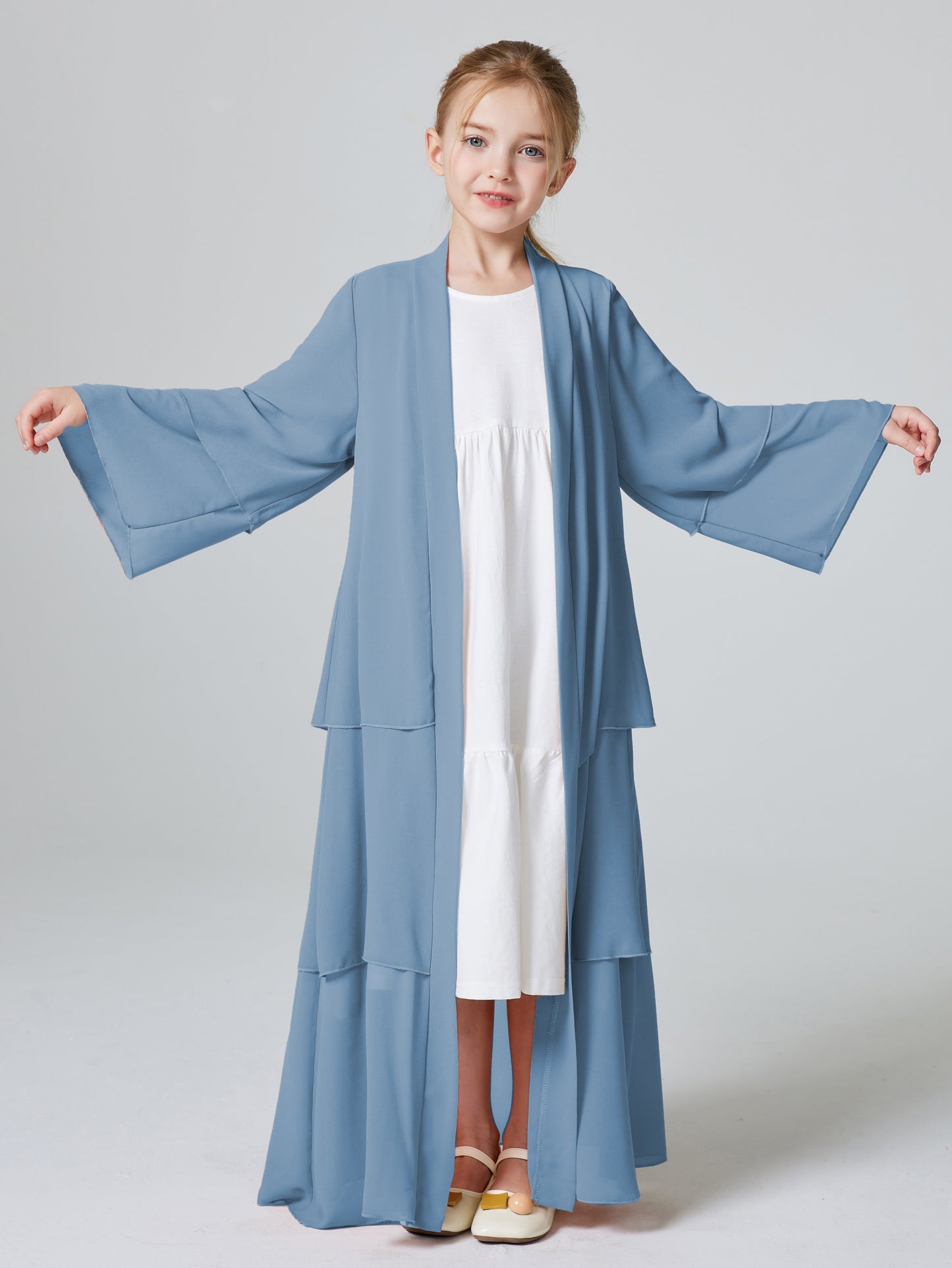 Ramadan Muslim Girls 3 Layered Chiffon Kids Abaya Dress Open Front Abaya Kebaya Outerwear (Without Hijab) MSL132