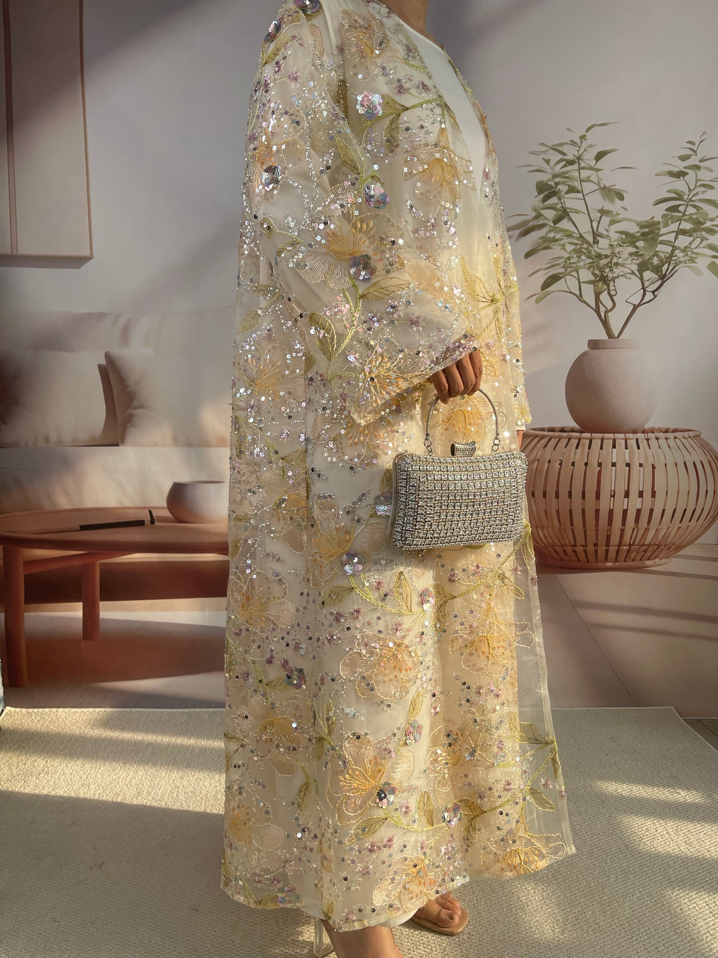 MSL894 Yellow Flowers Open Abaya Set