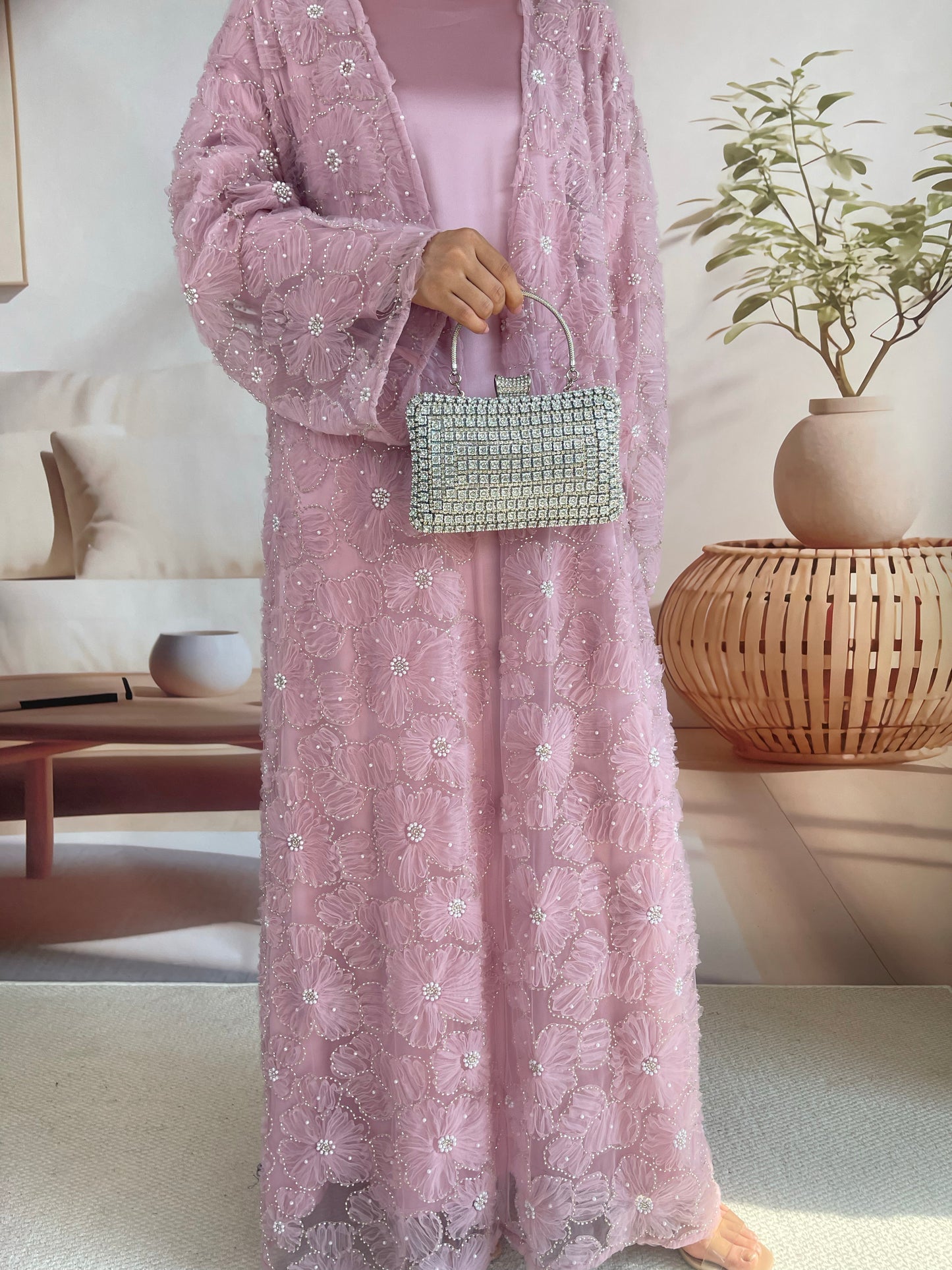 MSL881 Women 2 Pieces Set Open Abaya Mesh Flower Bead Embroidered Coat and Dress(Open Abaya+Inner Dress)