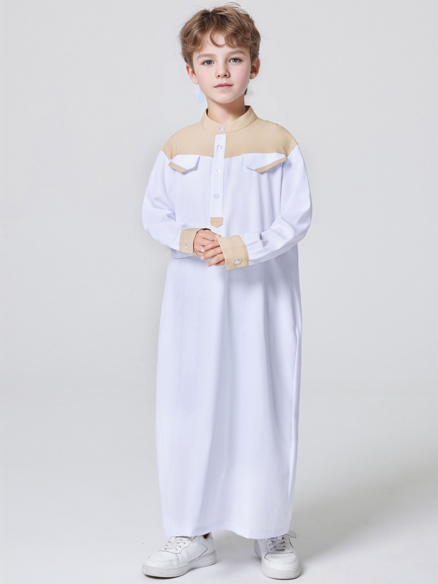 Ramadan Boys Middle East Islam Long Sleeve Arab Dubai Robe, Muslim Casual Ethnic Style Boys Long Sleeve Thobe Abaya Clothing MSL148