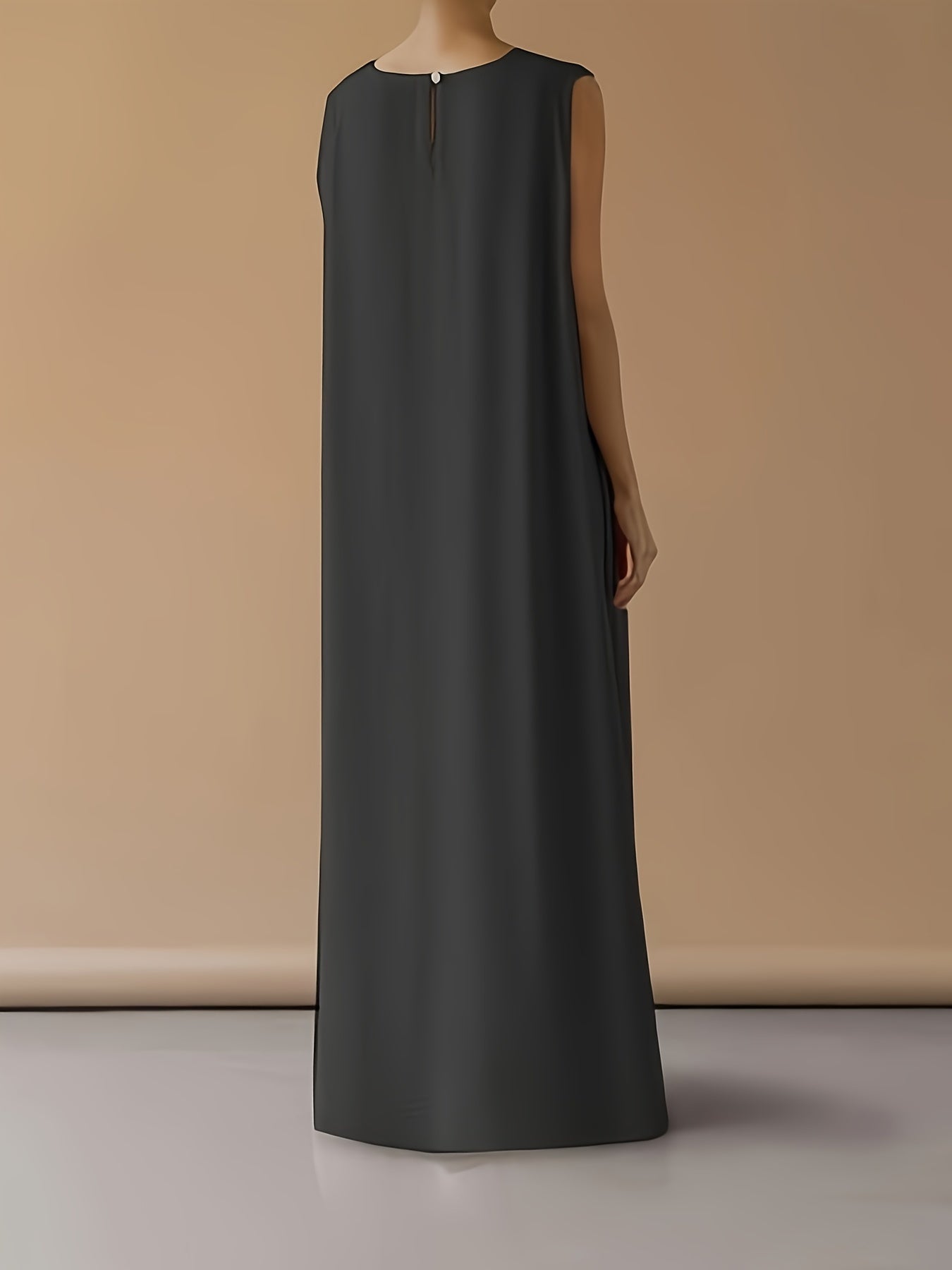 Ramadan Solid Crew Neck Sleeveless Loose Abayas, Elegant Simple Ruffle Hem Maxi Tank Dress, Women's Clothing Kebaya Kaftan MSL153