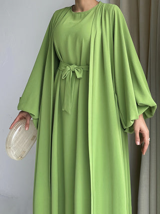 Abaya Ramadan Elegant Solid Two-piece Set Dress, Open Front Coverup & Tie Waist Abayas Outfits, Islam Women's Clothing Kaftan MSL39