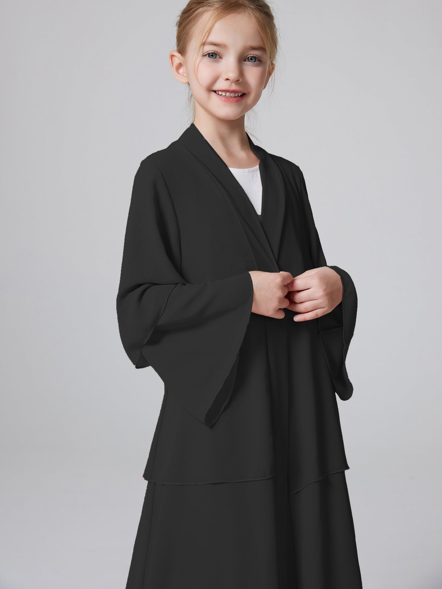 Ramadan Muslim Girls 3 Layered Chiffon Kids Abaya Dress Open Front Abaya Kebaya Outerwear (Without Hijab) MSL132