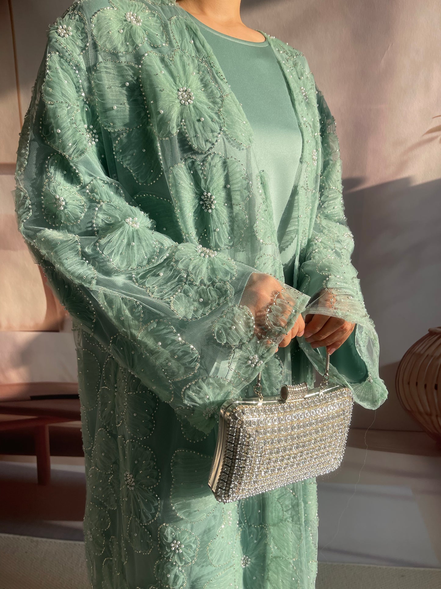 MSL881 Women 2 Pieces Set Open Abaya Mesh Flower Bead Embroidered Coat and Dress(Open Abaya+Inner Dress)
