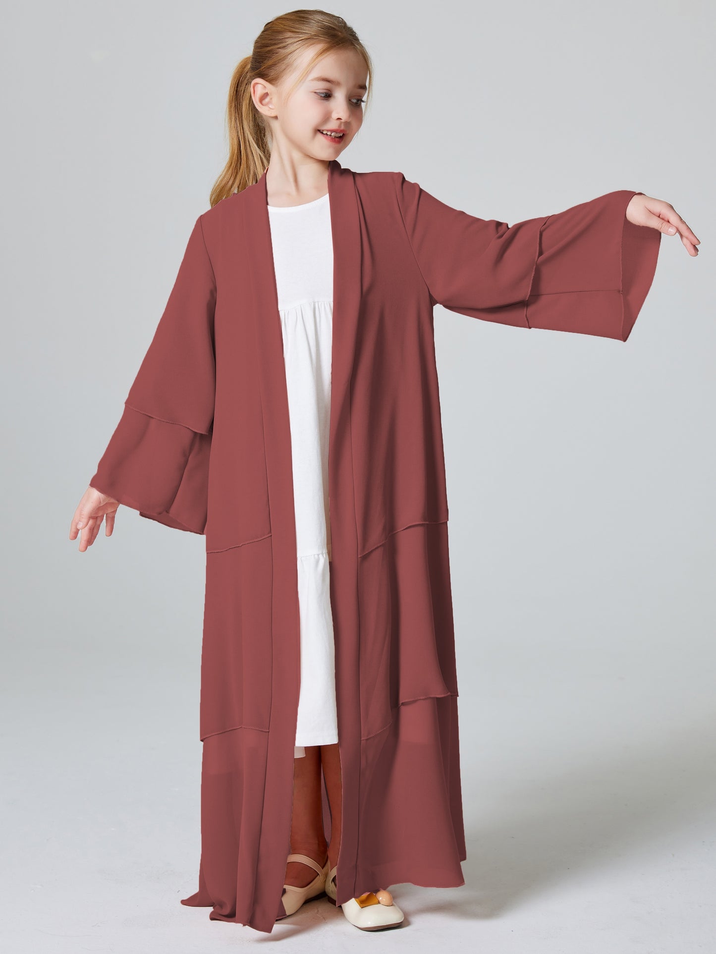 Ramadan Muslim Girls 3 Layered Chiffon Kids Abaya Dress Open Front Abaya Kebaya Outerwear (Without Hijab) MSL132