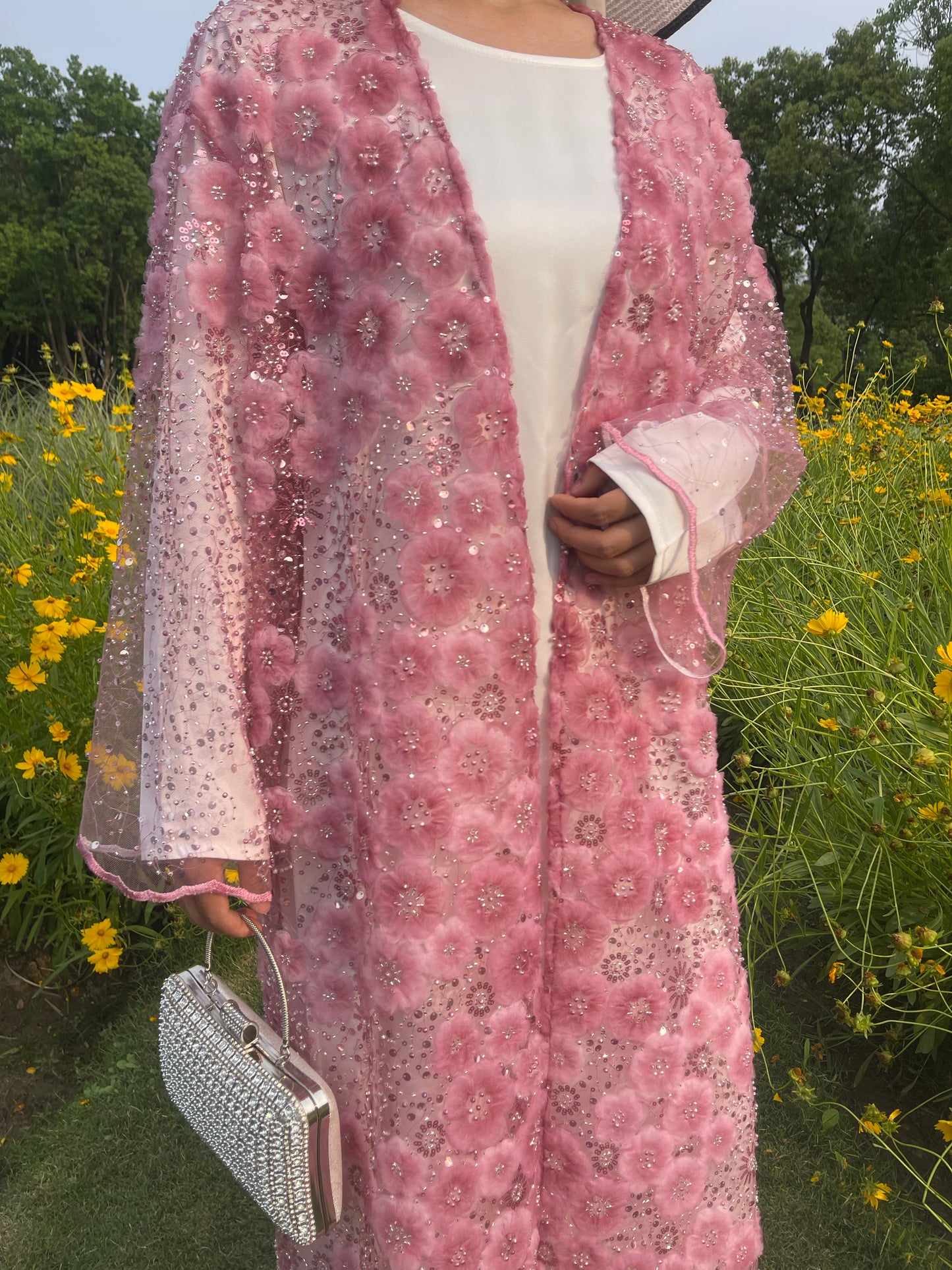 MSL893 Raspberry Red Flower Open Abaya