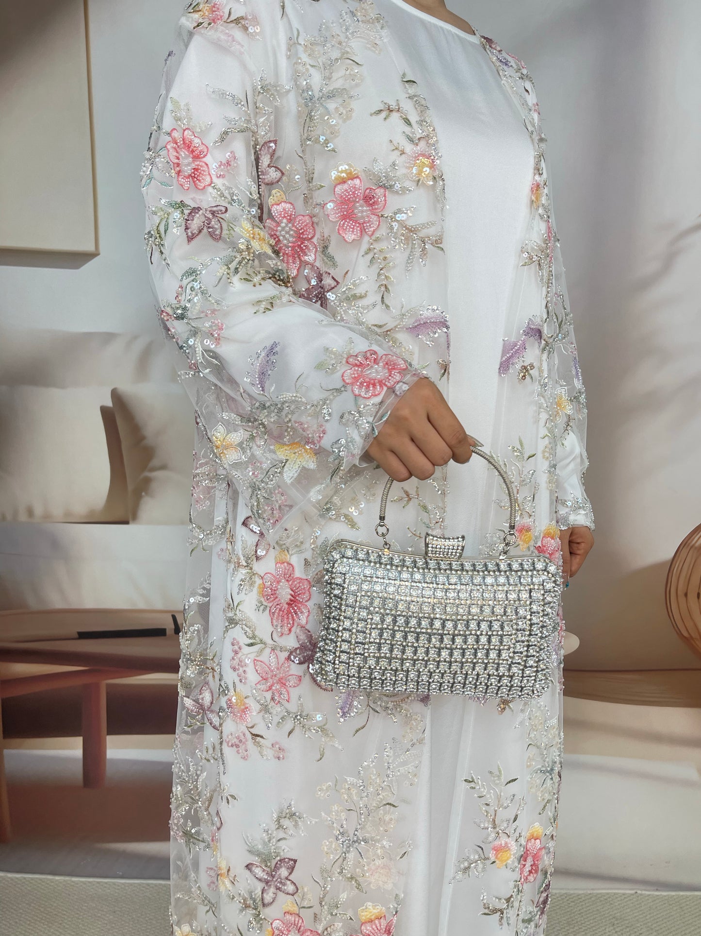 MSL896 White Pearl Flowers Open Abaya Set