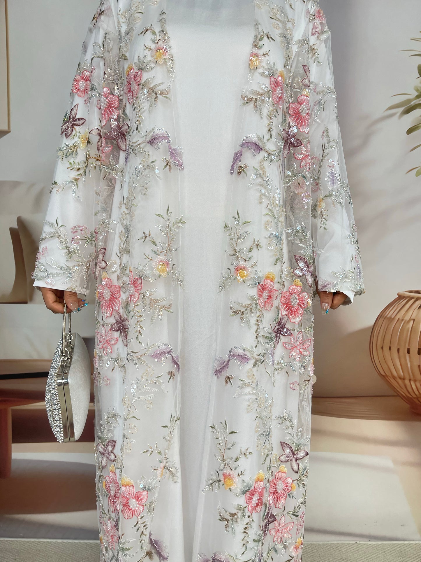 MSL896 White Pearl Flowers Open Abaya Set