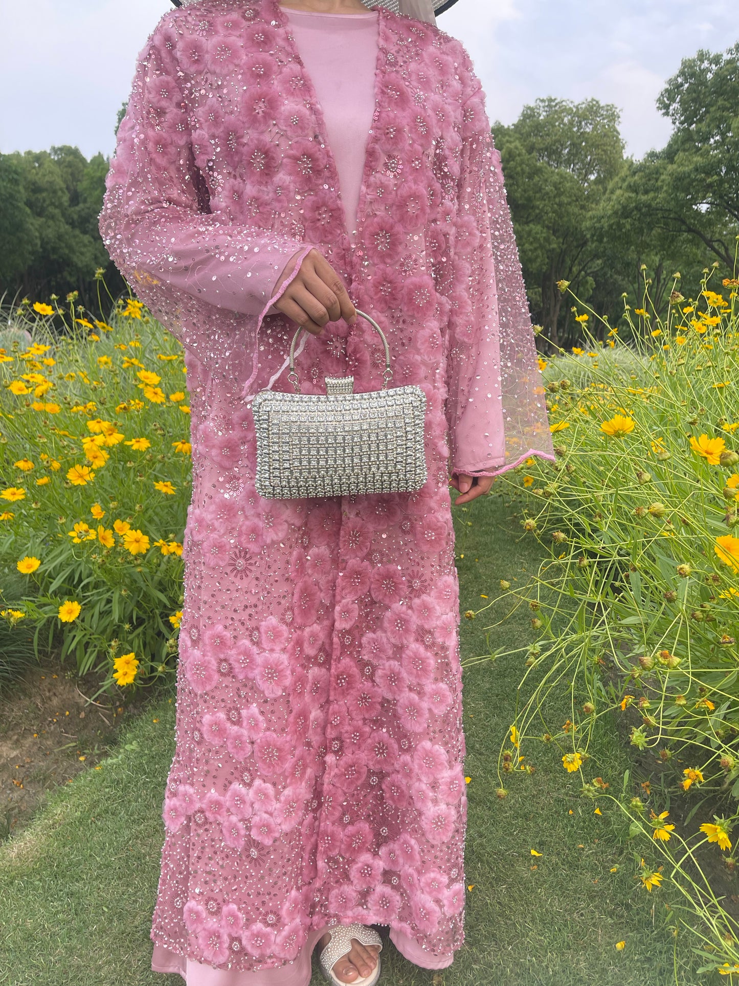 MSL893 Raspberry Red Flower Open Abaya