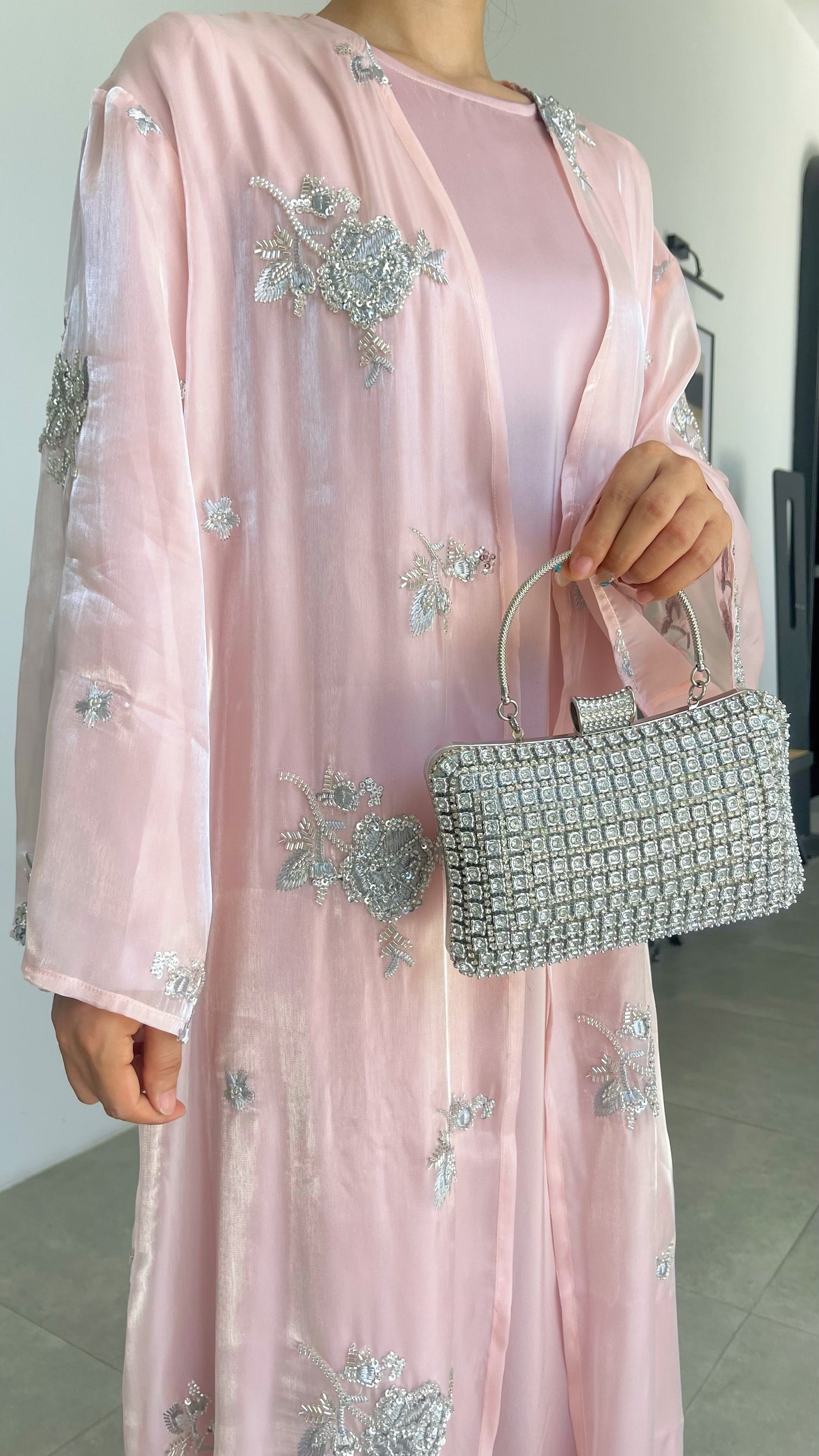 MSL888 Silver Rose Organza Beaded Embroidered Abaya Set