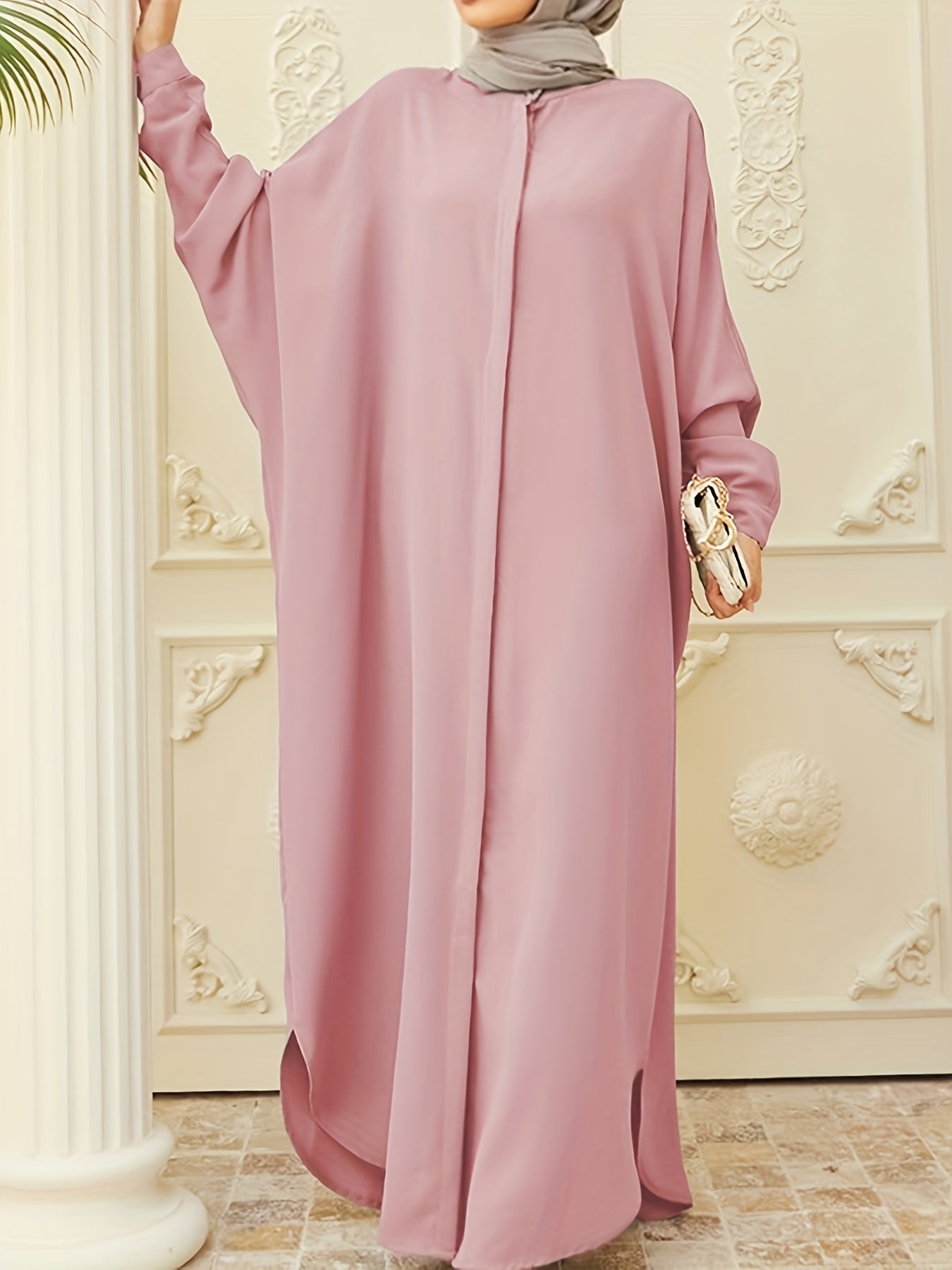 kebaya Ramadan Solid Batwing Sleeve Kaftan Abaya, Elegant Loose Split Maxi Length Dress, Women's Clothing MSL37