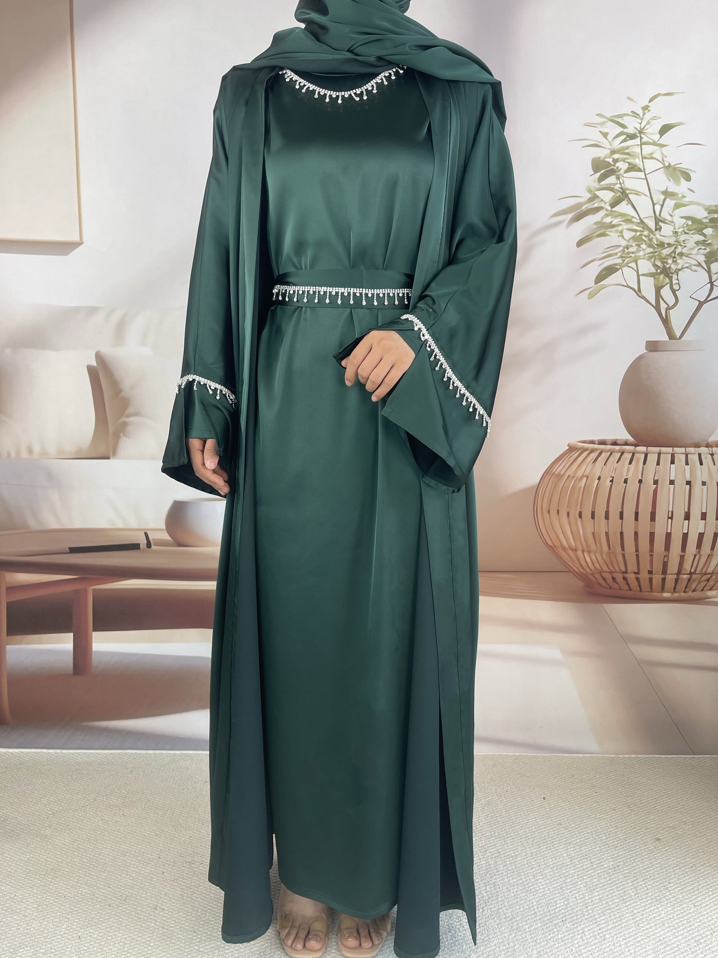 MSL041 Luxury Satin Abaya With Diamond Tassels Belt, 6-Piece Set