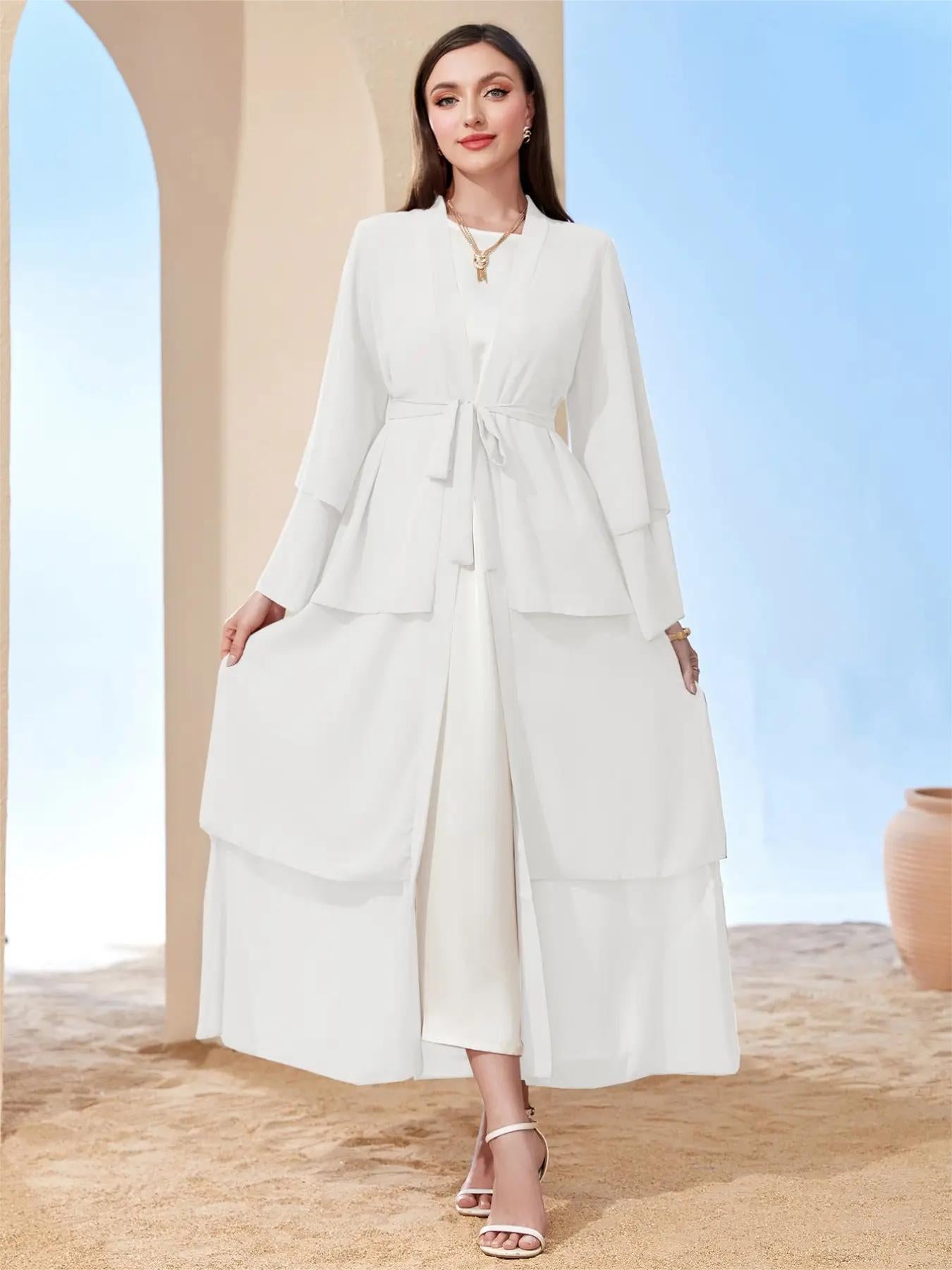 Ramadan kebaya Layered Open Front Abaya, Long Sleeve Dress With Belted , Without Hijab, Women's Clothing MSL1