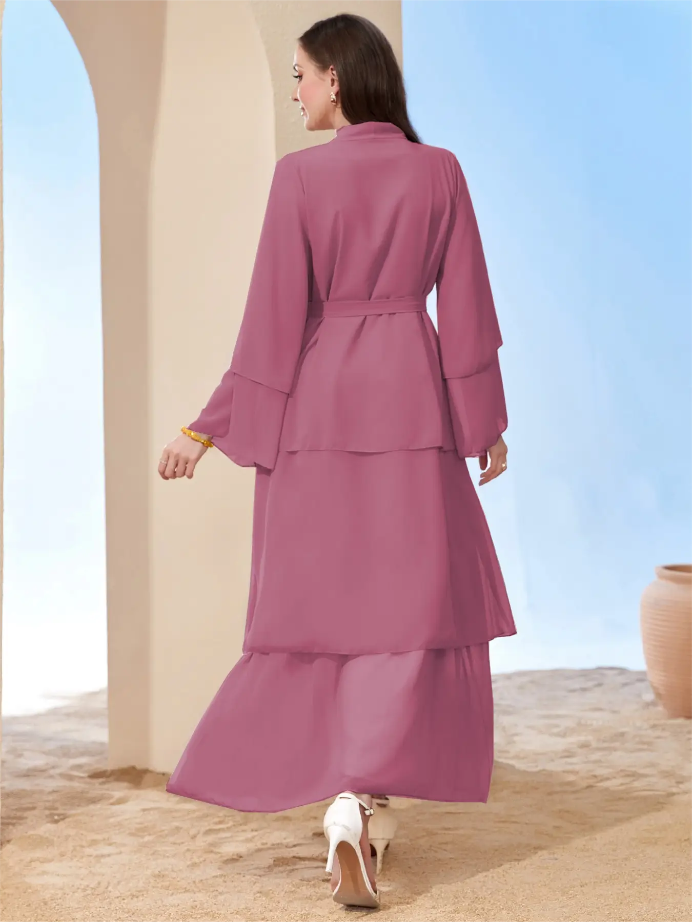Ramadan kebaya Layered Open Front Abaya, Long Sleeve Dress With Belted , Without Hijab, Women's Clothing MSL1